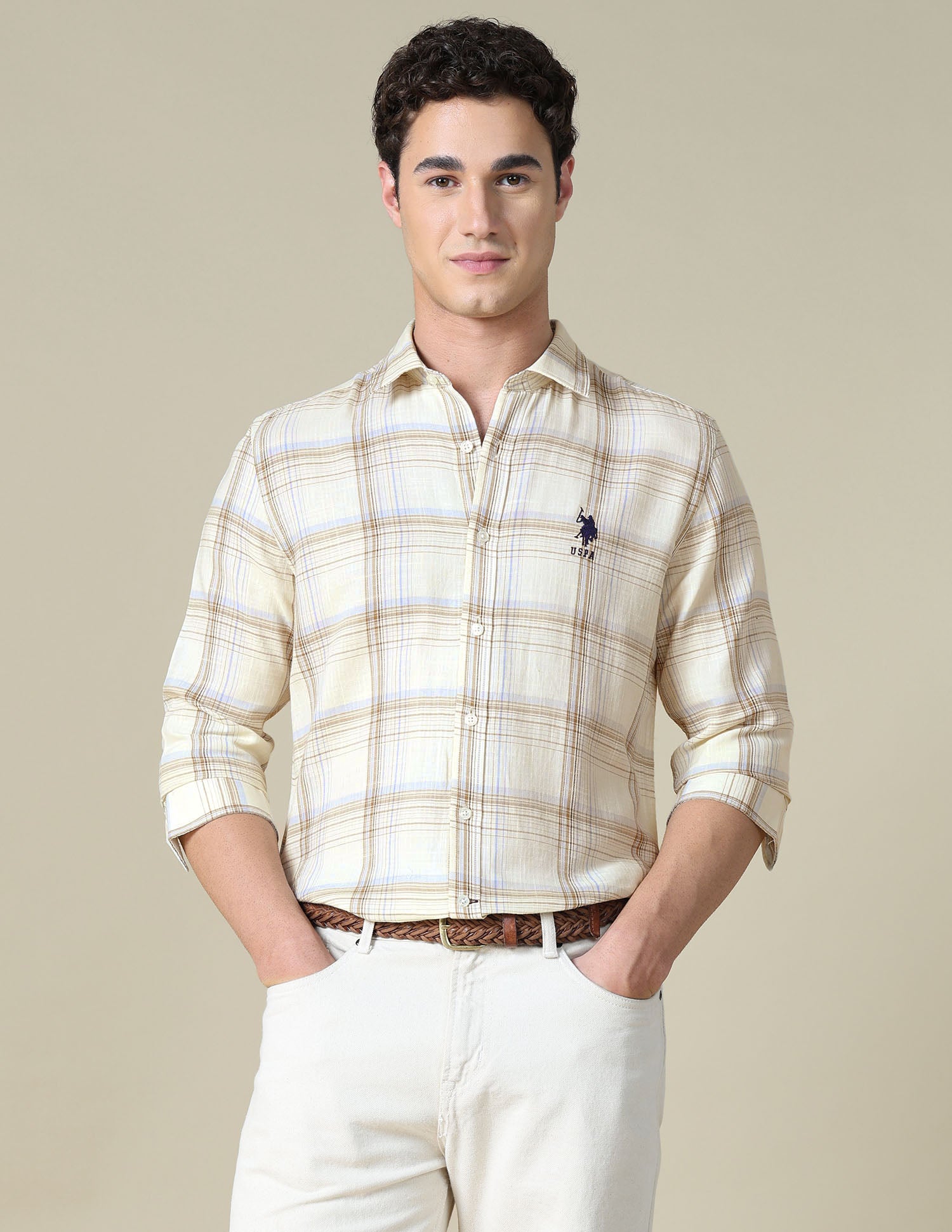 Grid Tattersall Checked Twill Shirt Ivory - U.S. Polo Assn. India | Large