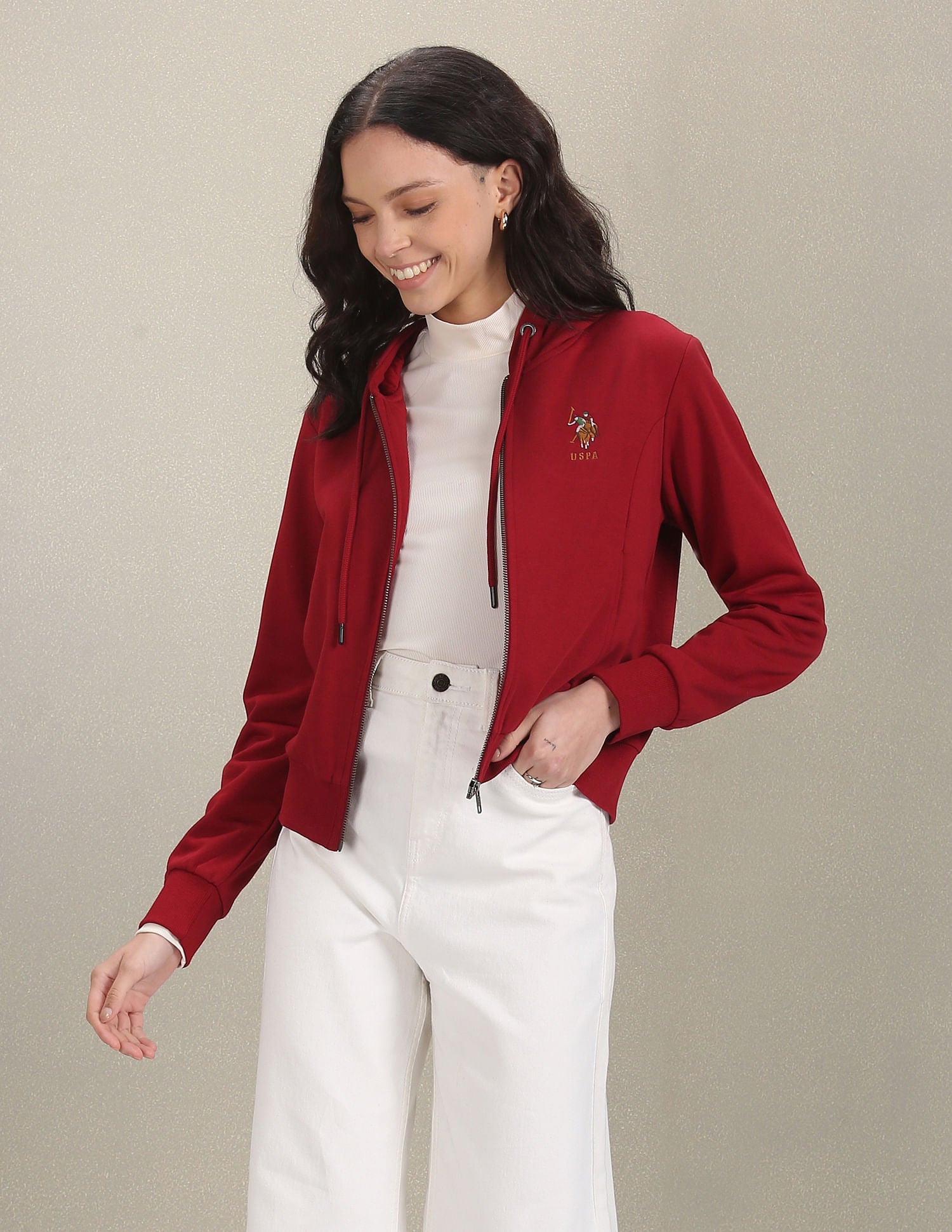 Solid Zip Up Hooded Sweatshirt Maroon - U.S. Polo Assn. India | Large