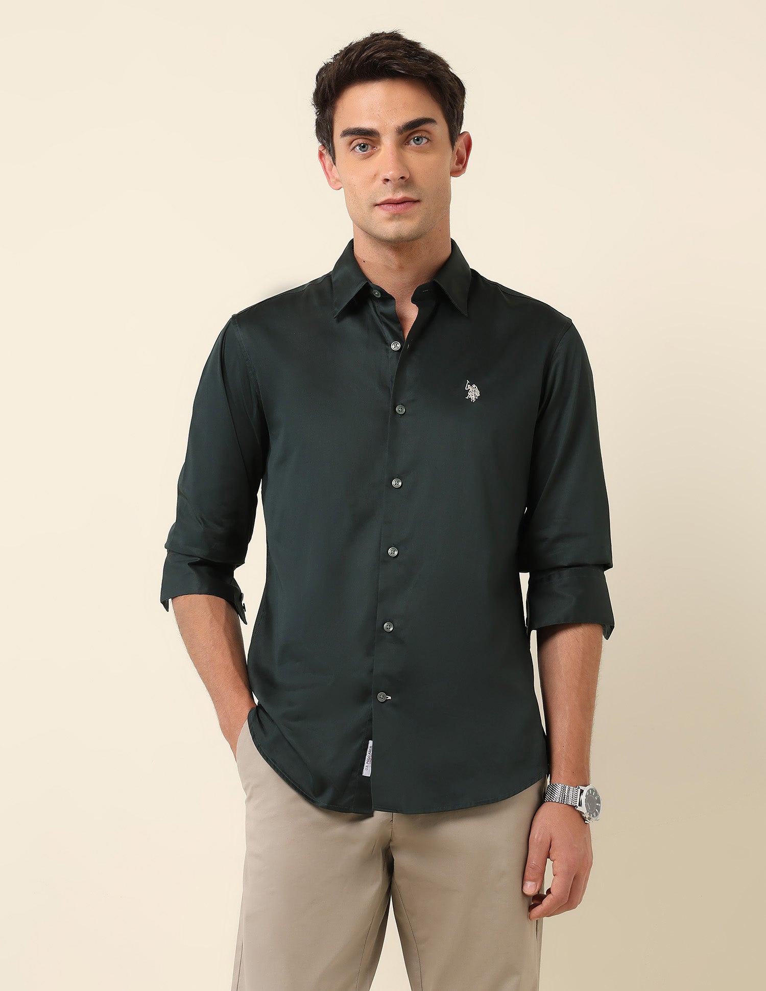 Tailored Fit Satin Pure Cotton Shirt Dark Olive - U.S. Polo Assn. India | Large