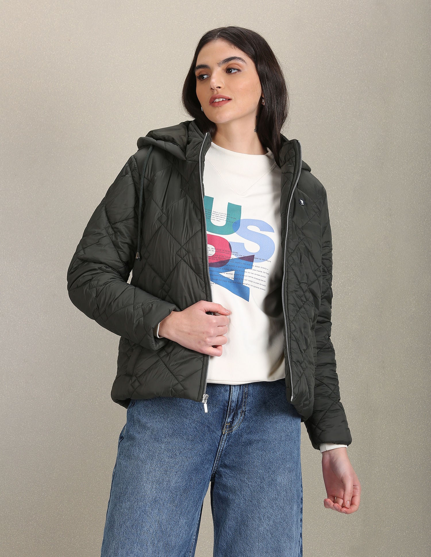 Solid Quilted Jacket Dark Green - U.S. Polo Assn. India | Large
