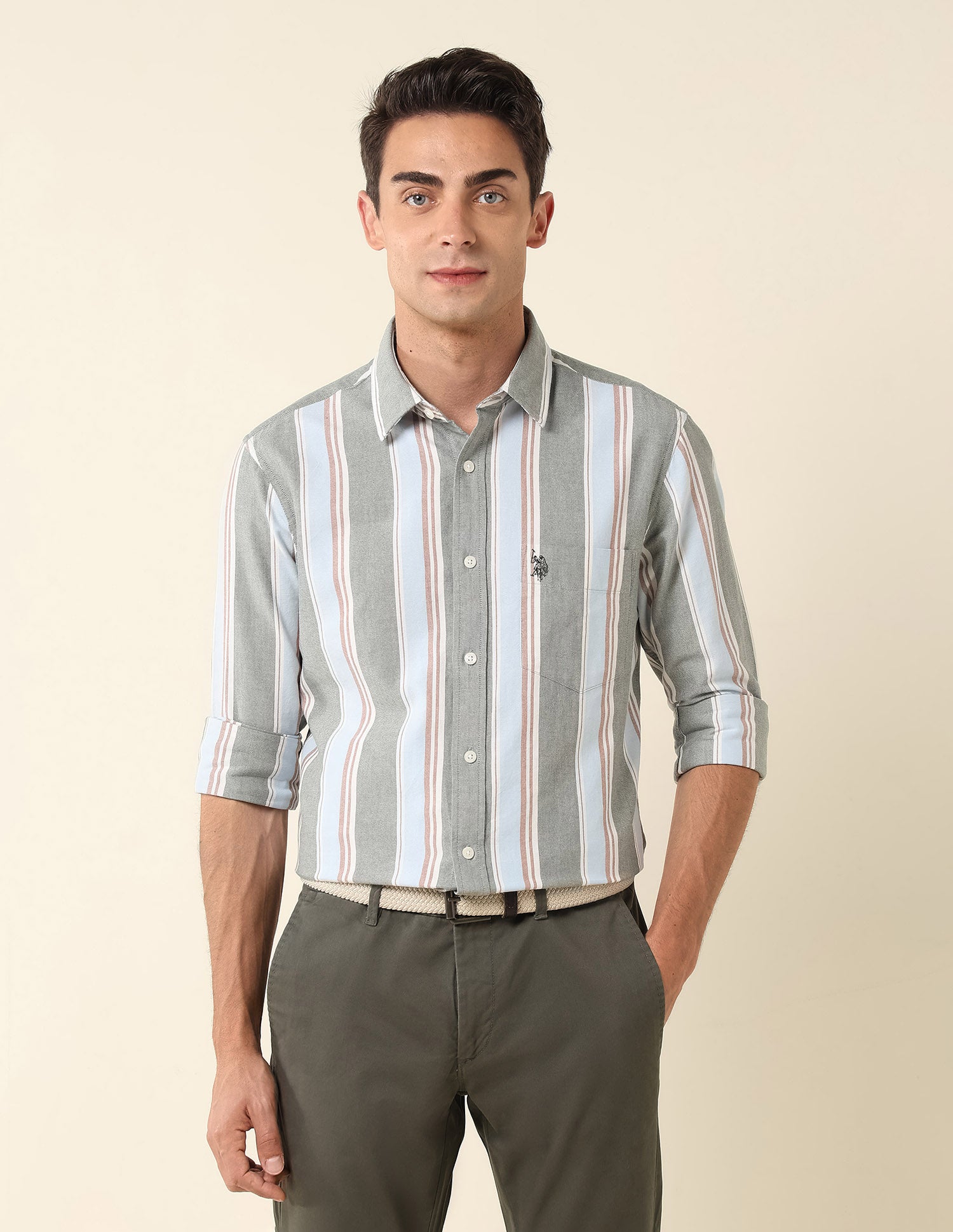 Vertical Striped Pure Cotton Shirt Dark Green - U.S. Polo Assn. India | Large