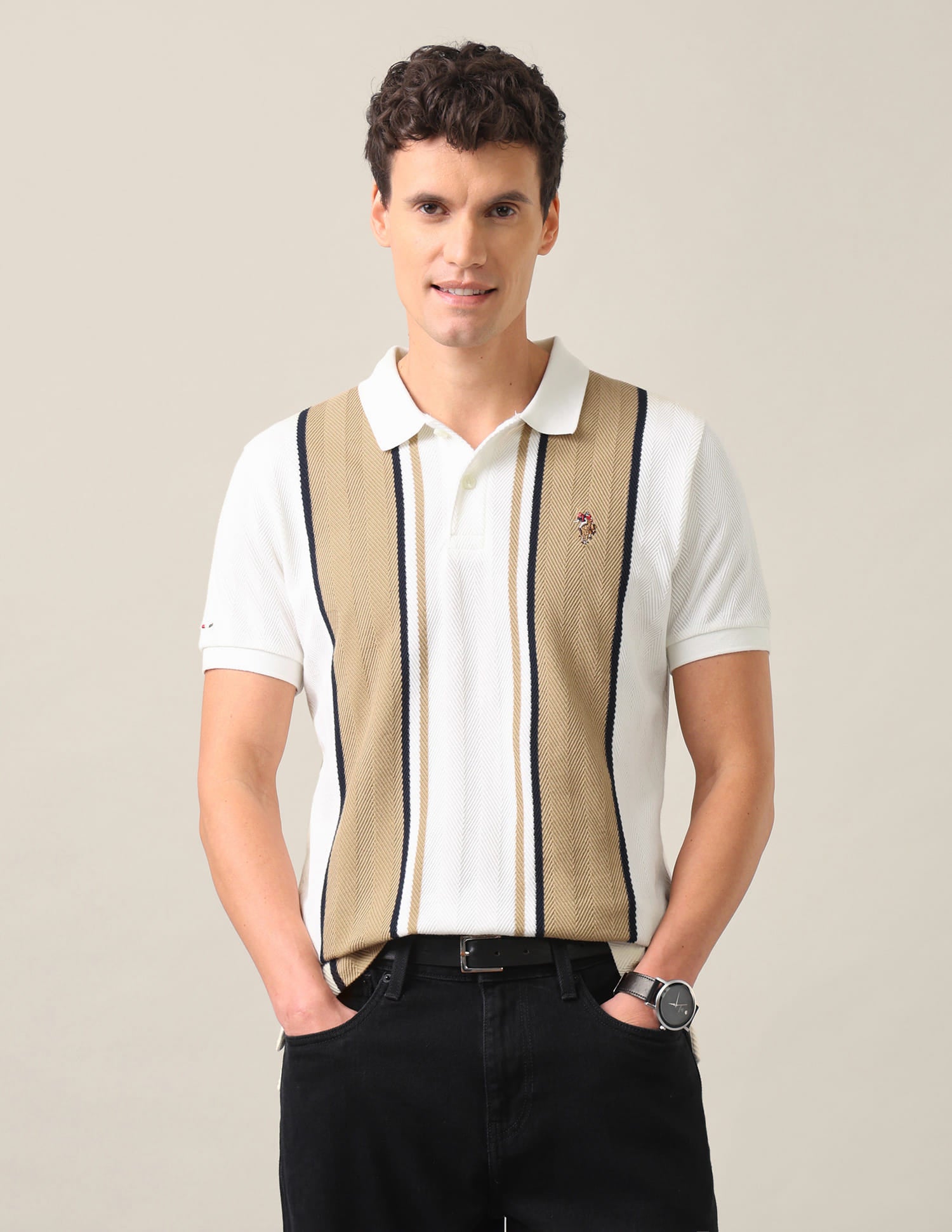 Vertical Striped Slim Fit Polo Shirt Ivory - U.S. Polo Assn. India | Large