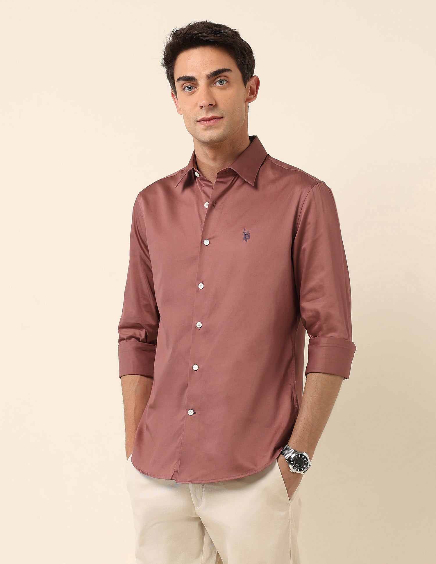 Tailored Fit Satin Pure Cotton Shirt Light Burgundy - U.S. Polo Assn. India | Large