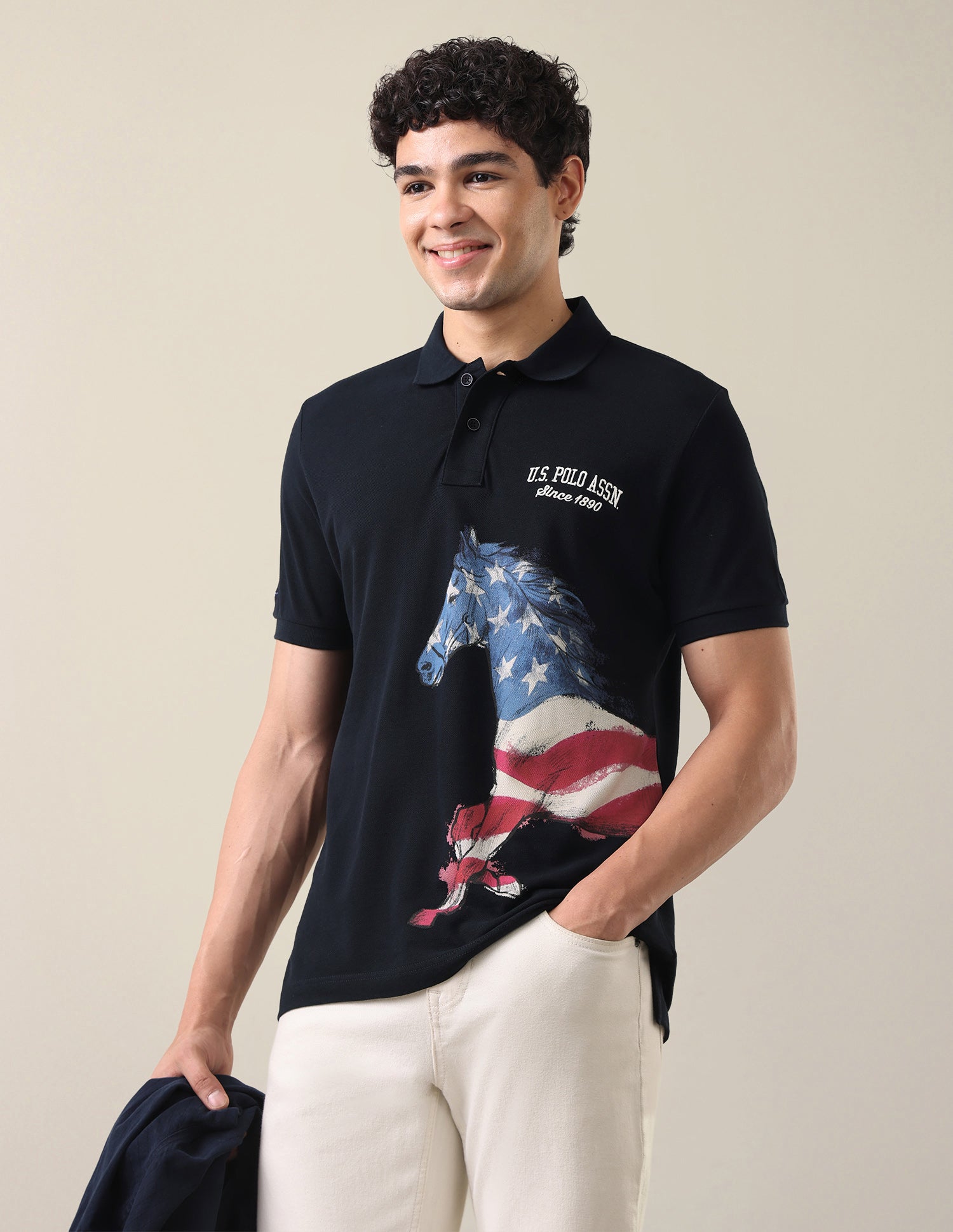 Graphic Brand Printed Slim Fit Polo Shirt Navy - U.S. Polo Assn. India | Large