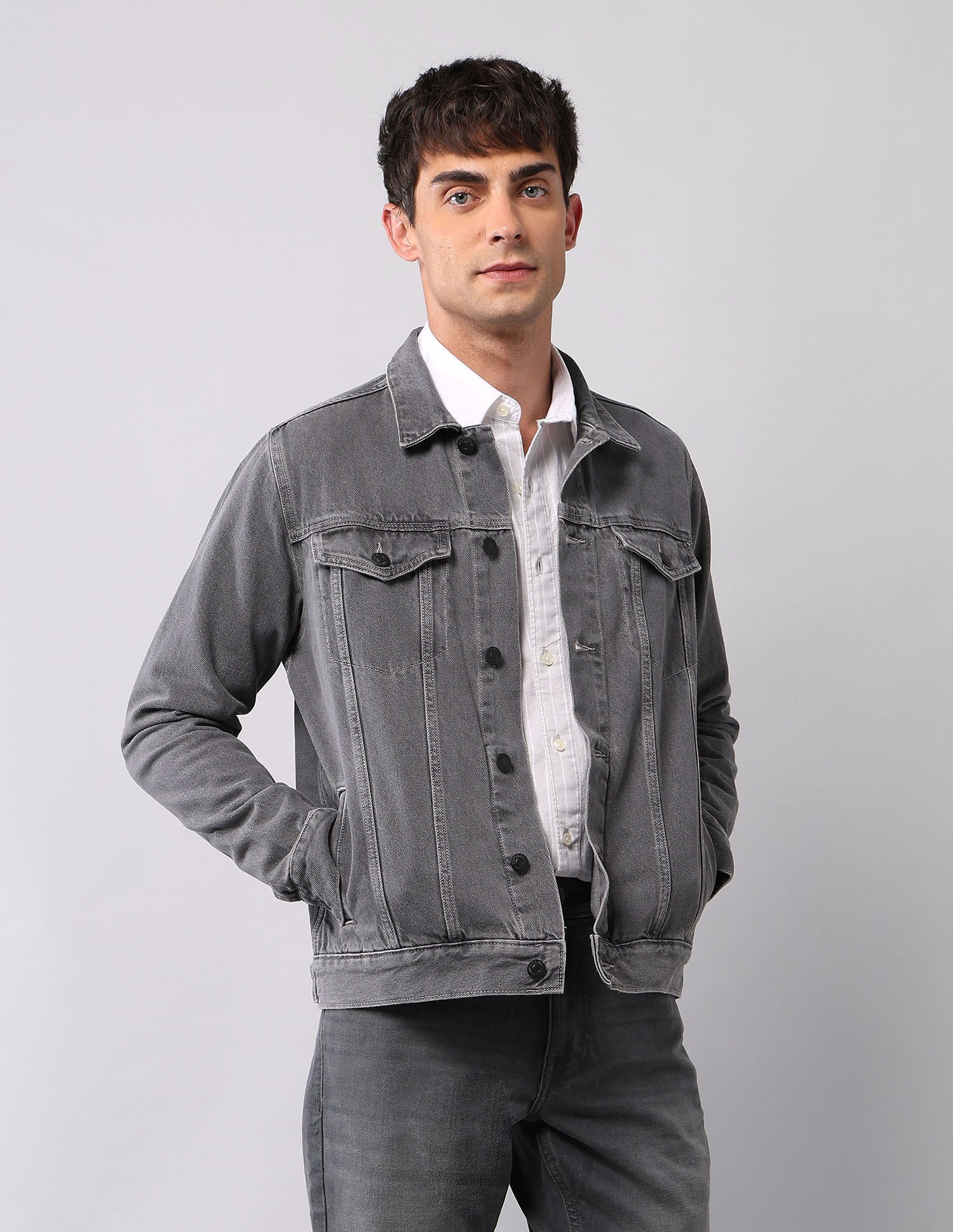 Pure Cotton Regular Fit Denim Jacket Grey - U.S. Polo Assn. India | Large