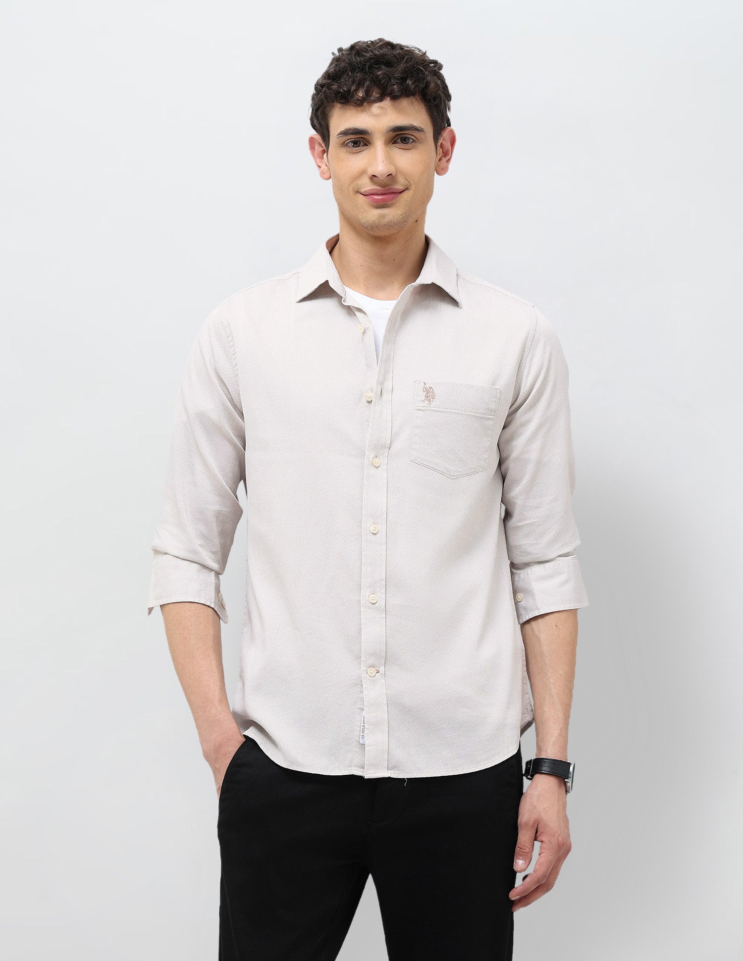 Dobby Tailored Fit Shirt Beige - U.S. Polo Assn. India | Large