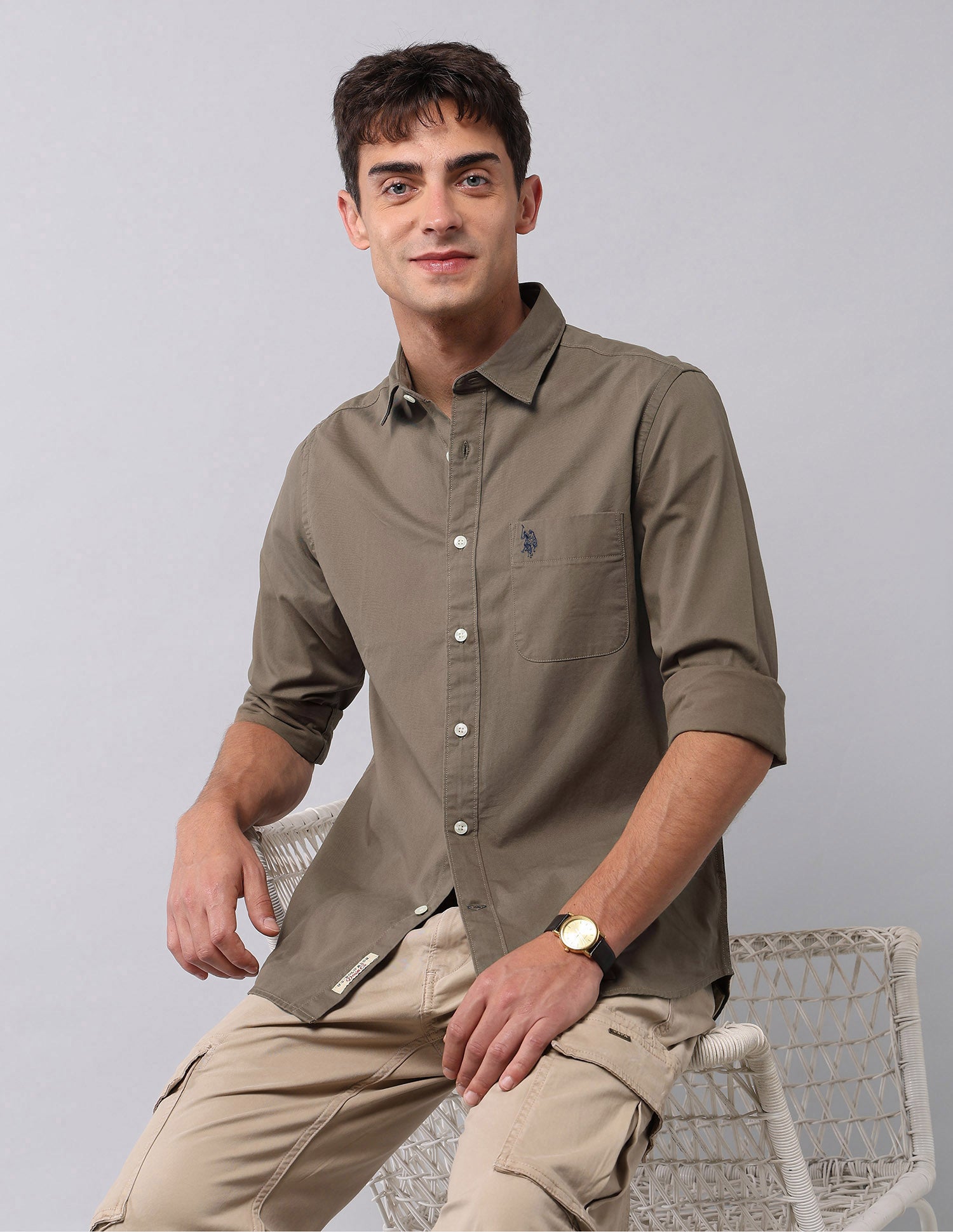 Pure Cotton Twill  Shirt Khaki - U.S. Polo Assn. India | Large