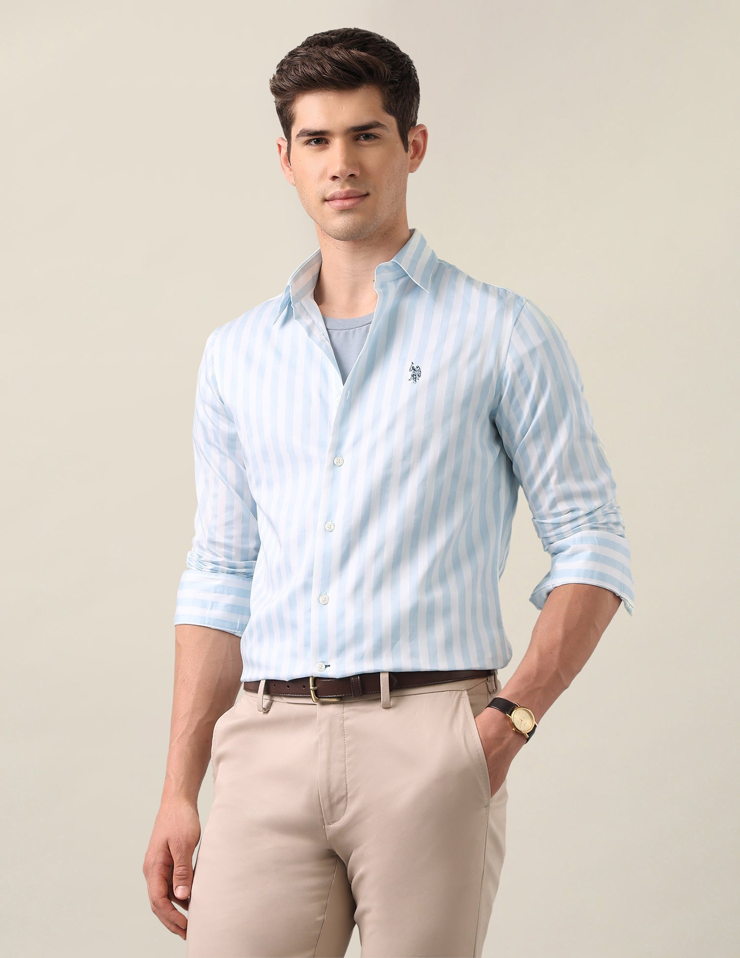 Vertical Striped Satin Shirt Light Blue - U.S. Polo Assn. India | Large