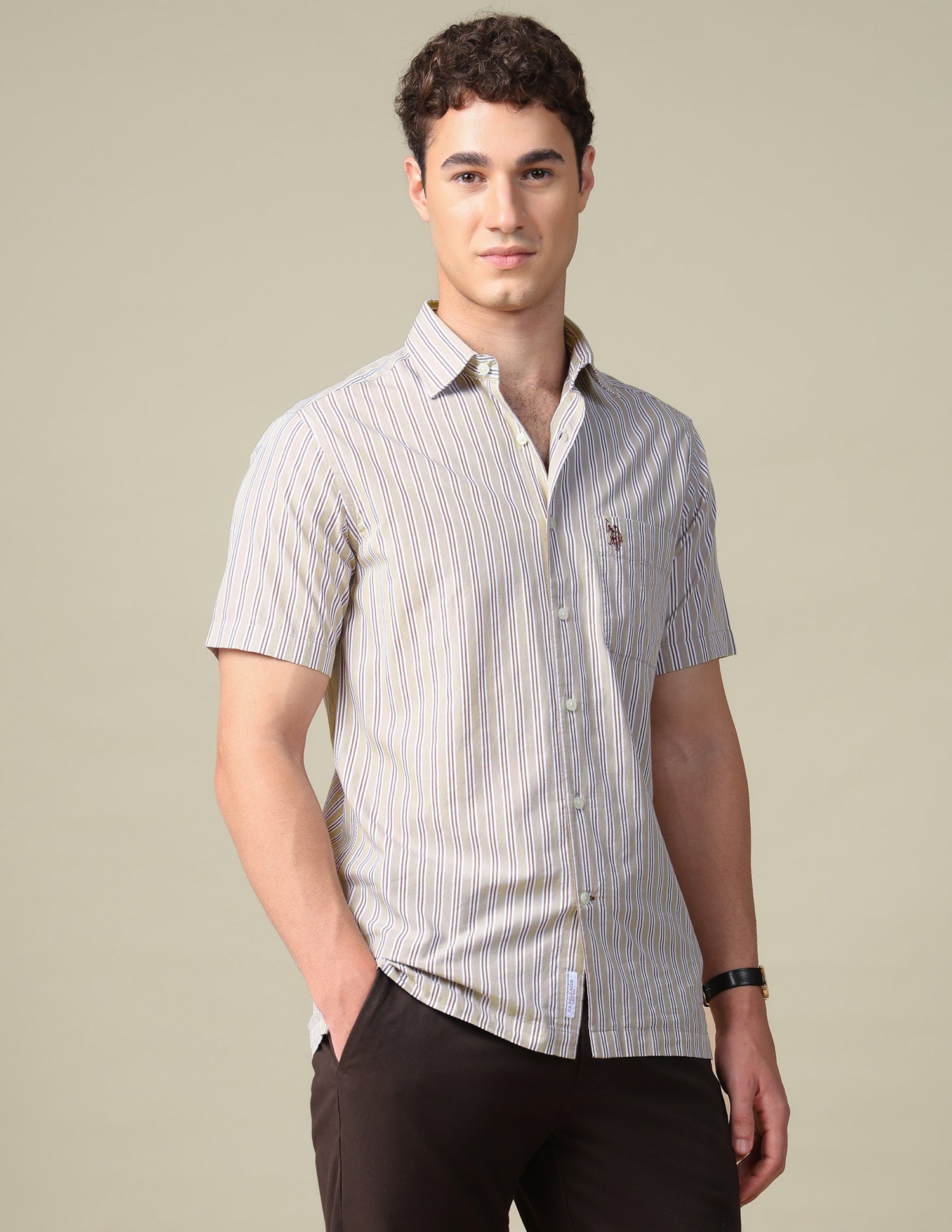 Vertical Striped Seersucker Shirt Beige - U.S. Polo Assn. India | Large