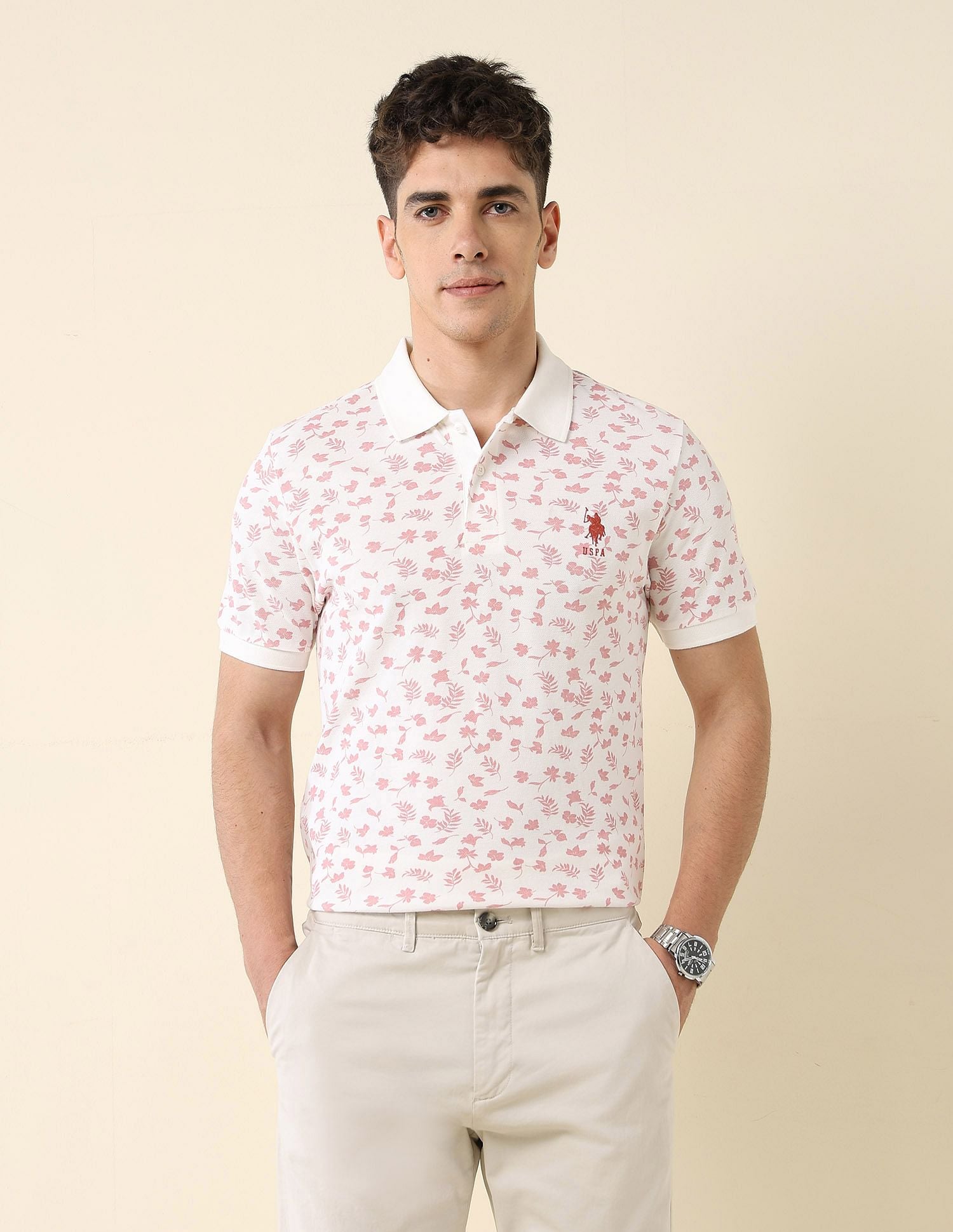 All-Over Printed Slim Fit Polo Shirt Off White - U.S. Polo Assn. India | Large
