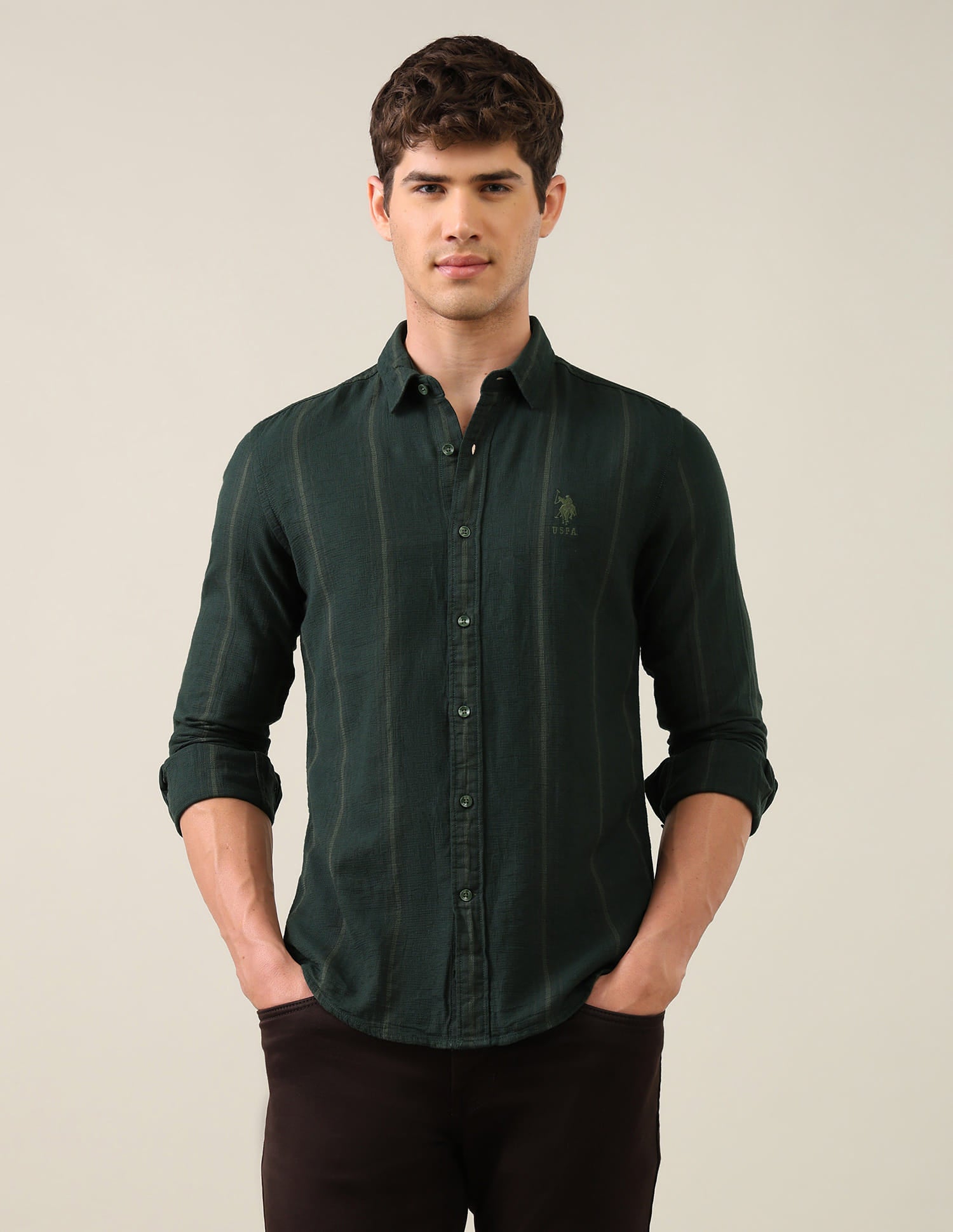 Vertical Striped Regular Fit Shirt Green - U.S. Polo Assn. India | Large