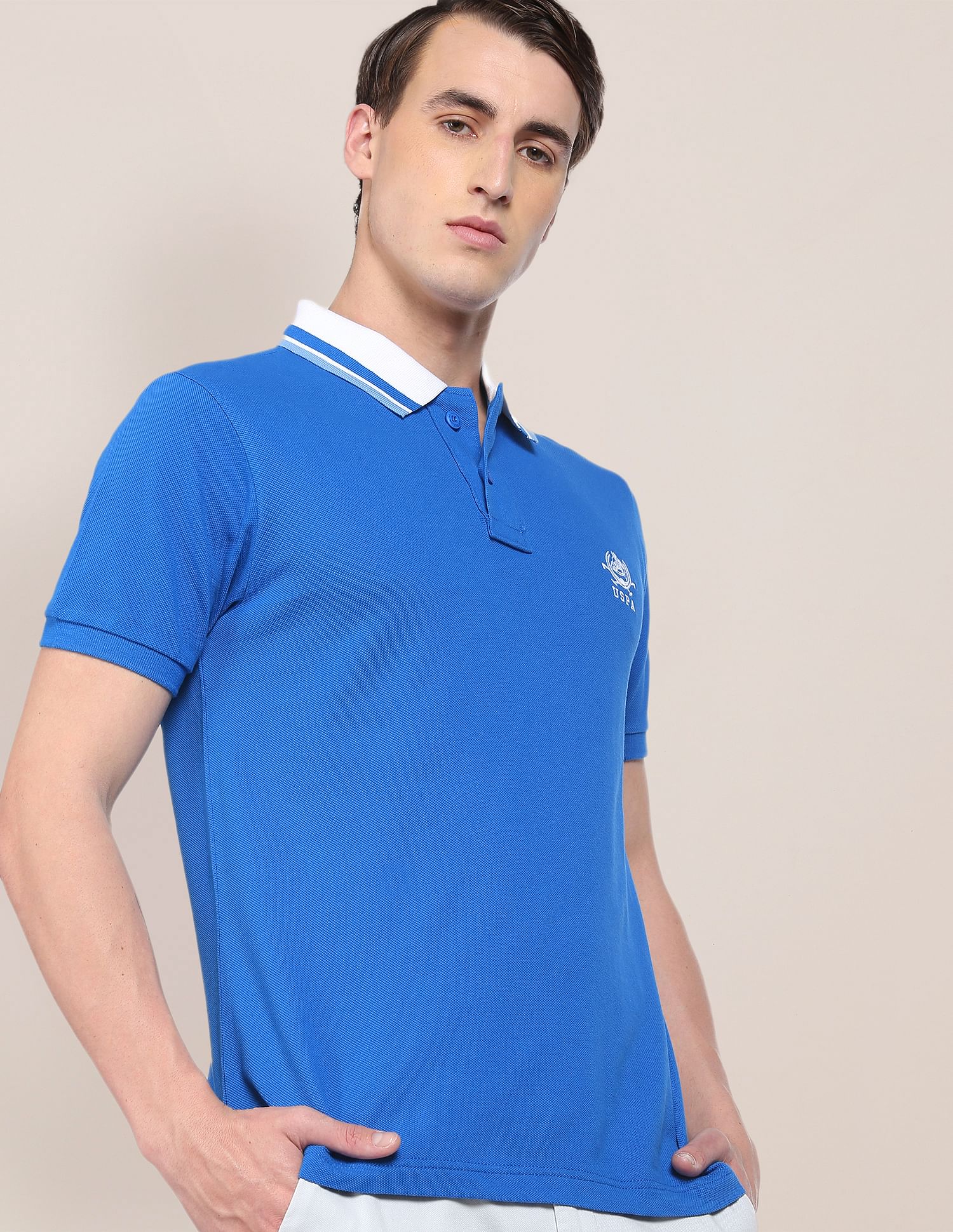 Ribbed Collar Brand Logo Polo Shirt Blue - U.S. POLO ASSN. | Large
