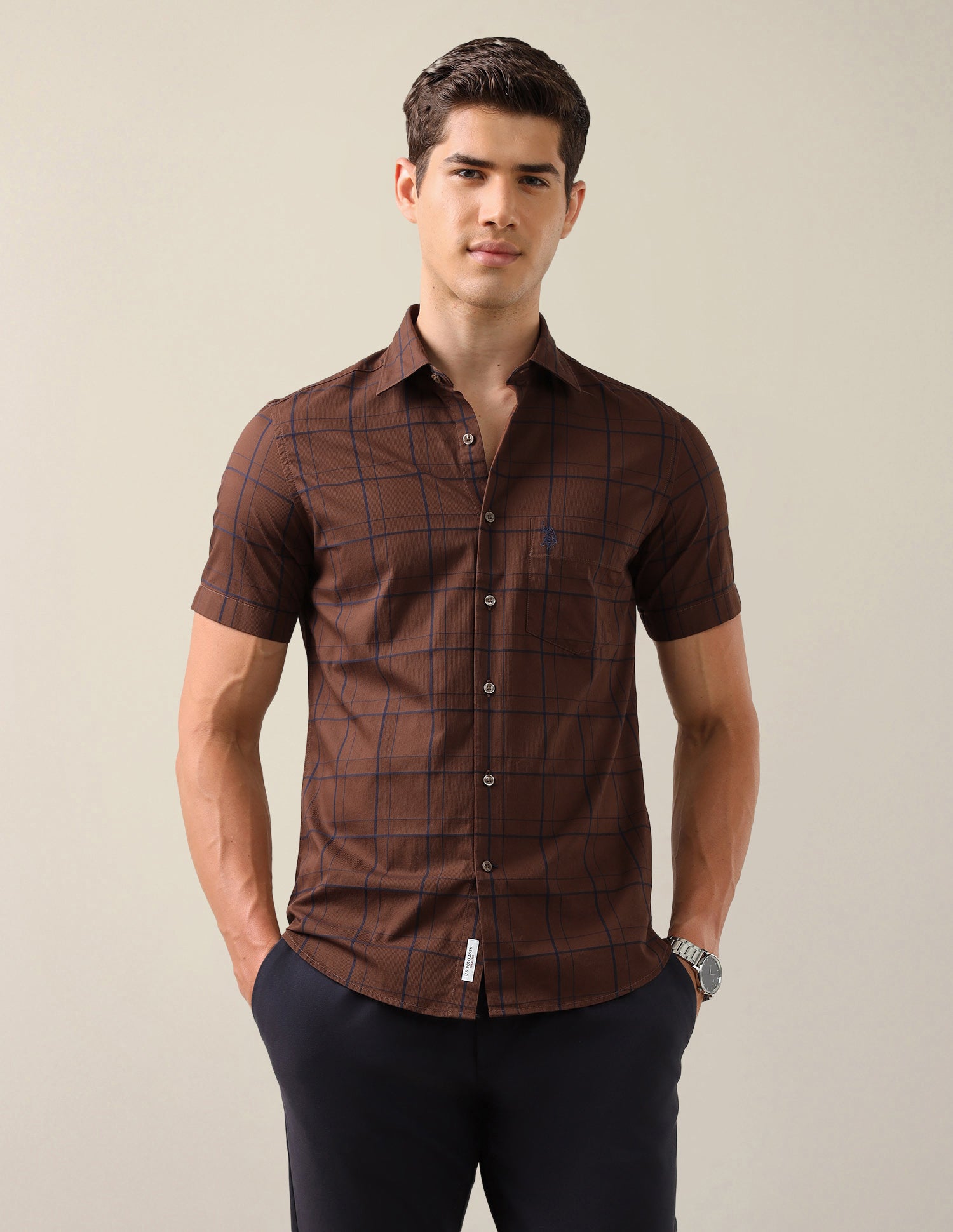 Grid Tattersall Checked Tailored Fit Shirt Brown - U.S. Polo Assn. India | Large