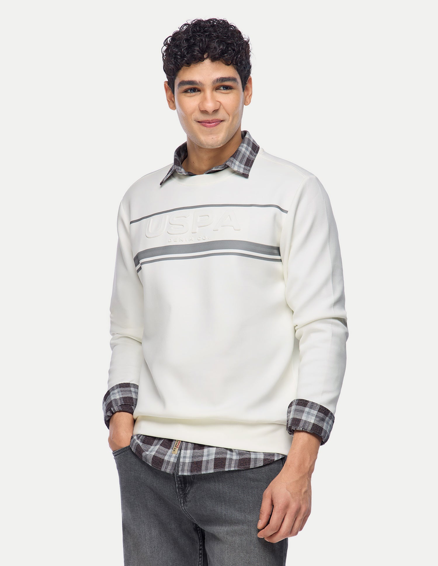 Brand Embossed Regular Fit Sweatshirt Ivory - U.S. Polo Assn. India | Large