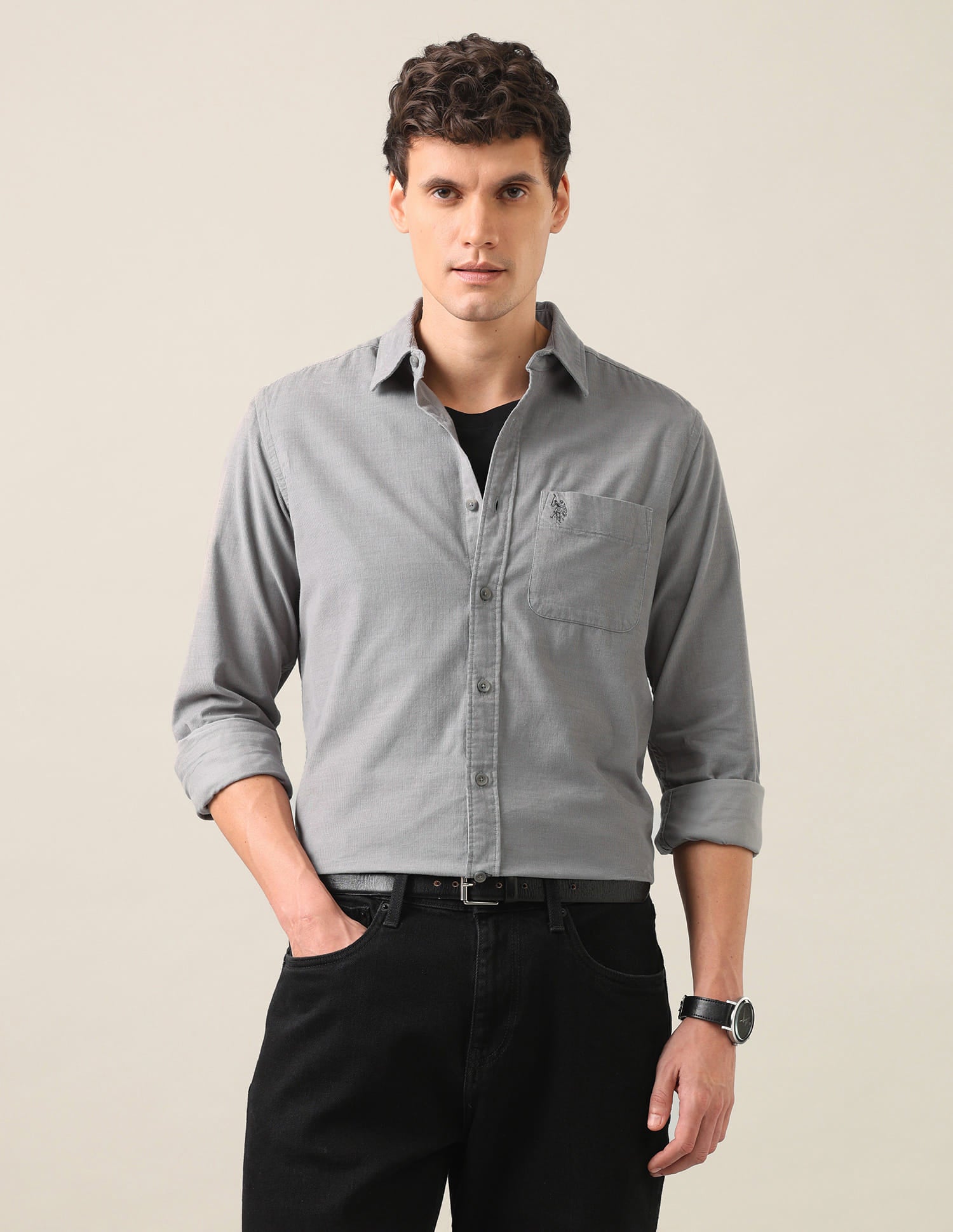 Solid Corduroy Shirt Light Grey - U.S. Polo Assn. India | Large