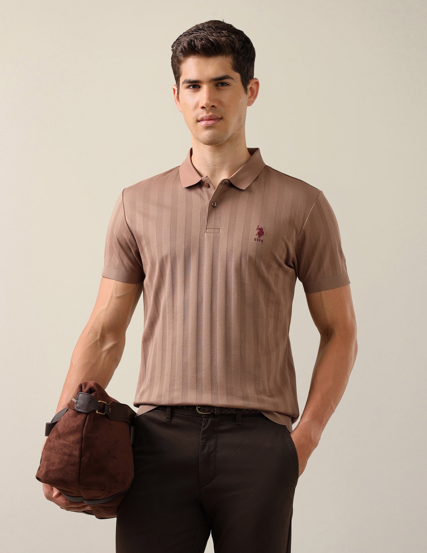 Self Design Vertical Striped Slim Fit Polo Shirt Light Brown - U.S. Polo Assn. India | Large