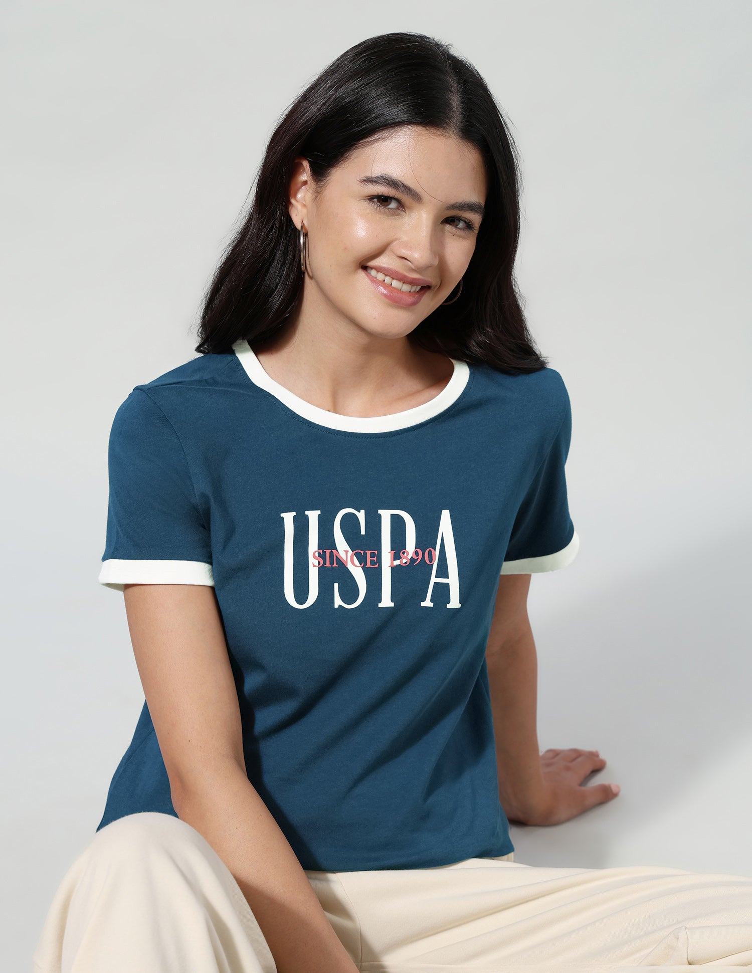 Brand Printed Regular Fit Ringer T-Shirt Teal - U.S. Polo Assn. India | Large