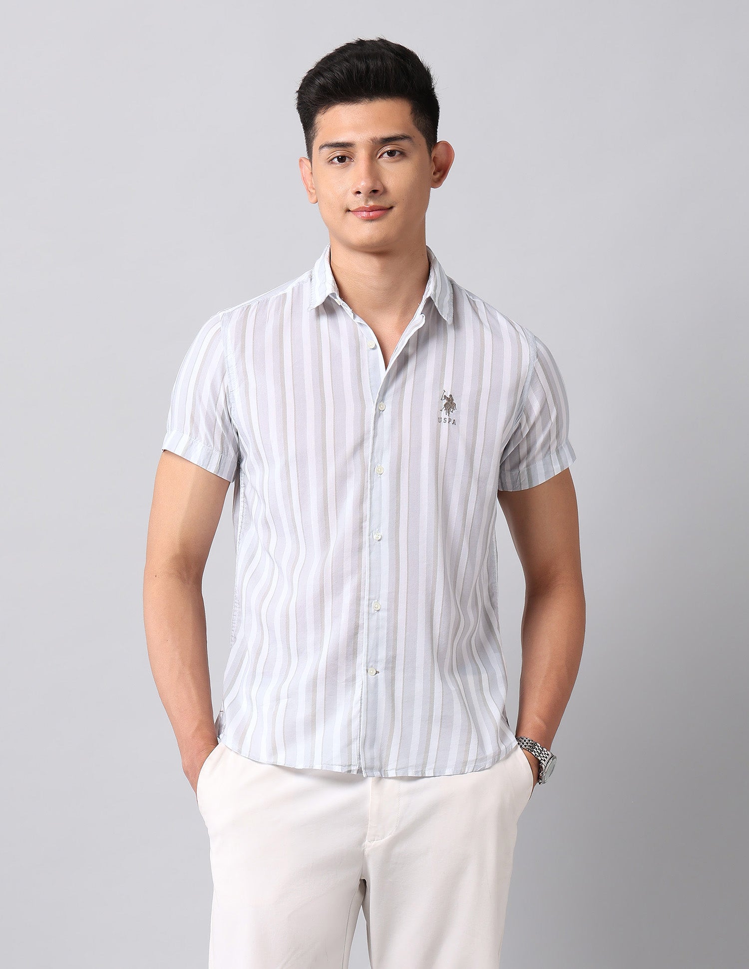Vertical Striped Regular Fit Shirt Beige - U.S. Polo Assn. India | Large