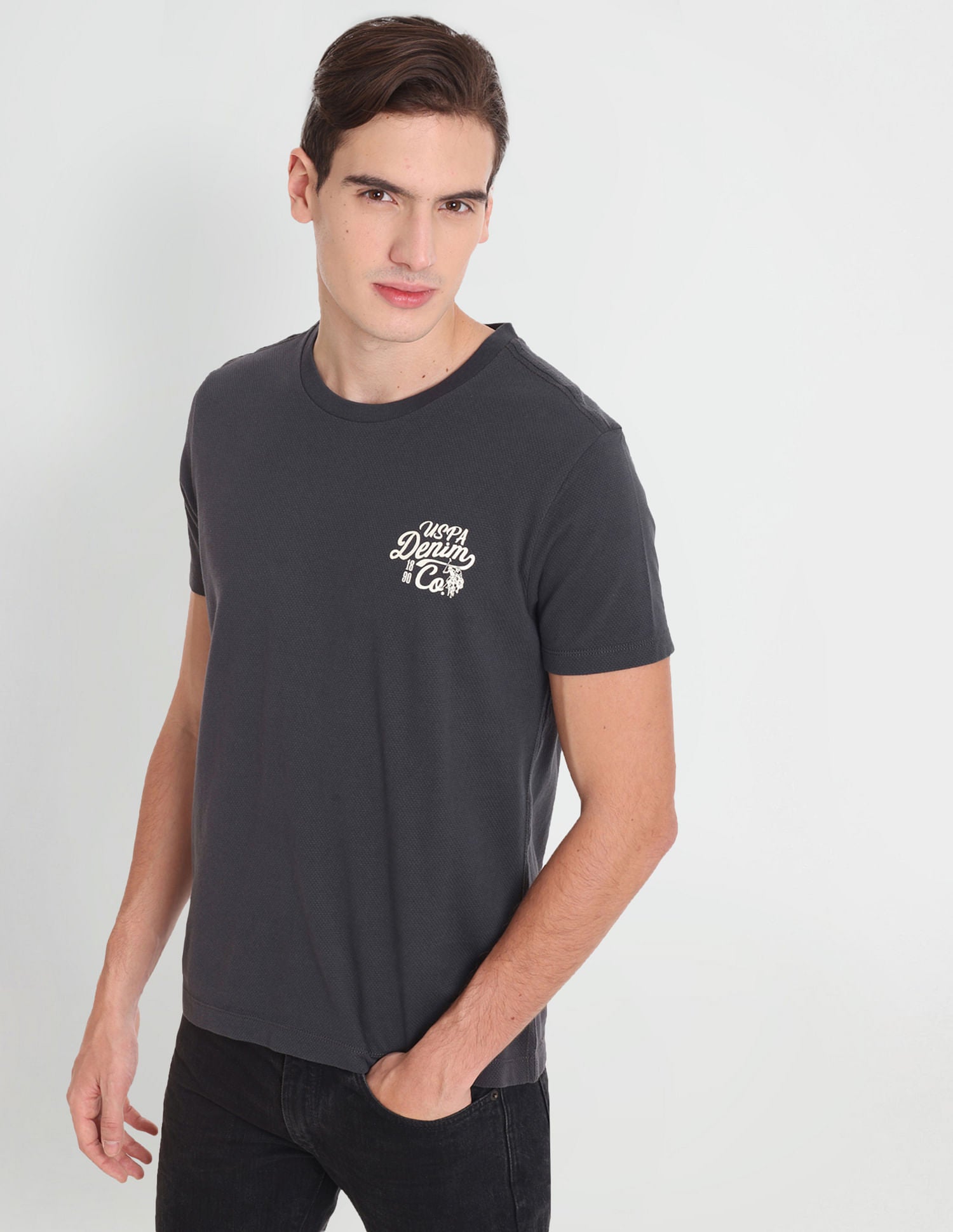 Muscle Fit Textured Solid T-Shirt Dark Grey - U.S. Polo Assn. India | Large