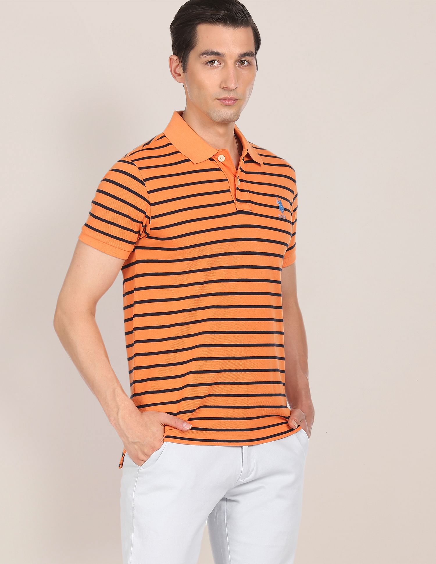 Ribbed Collar Horizontal Stripe Polo Shirt Orange - U.S. Polo Assn. India | Large