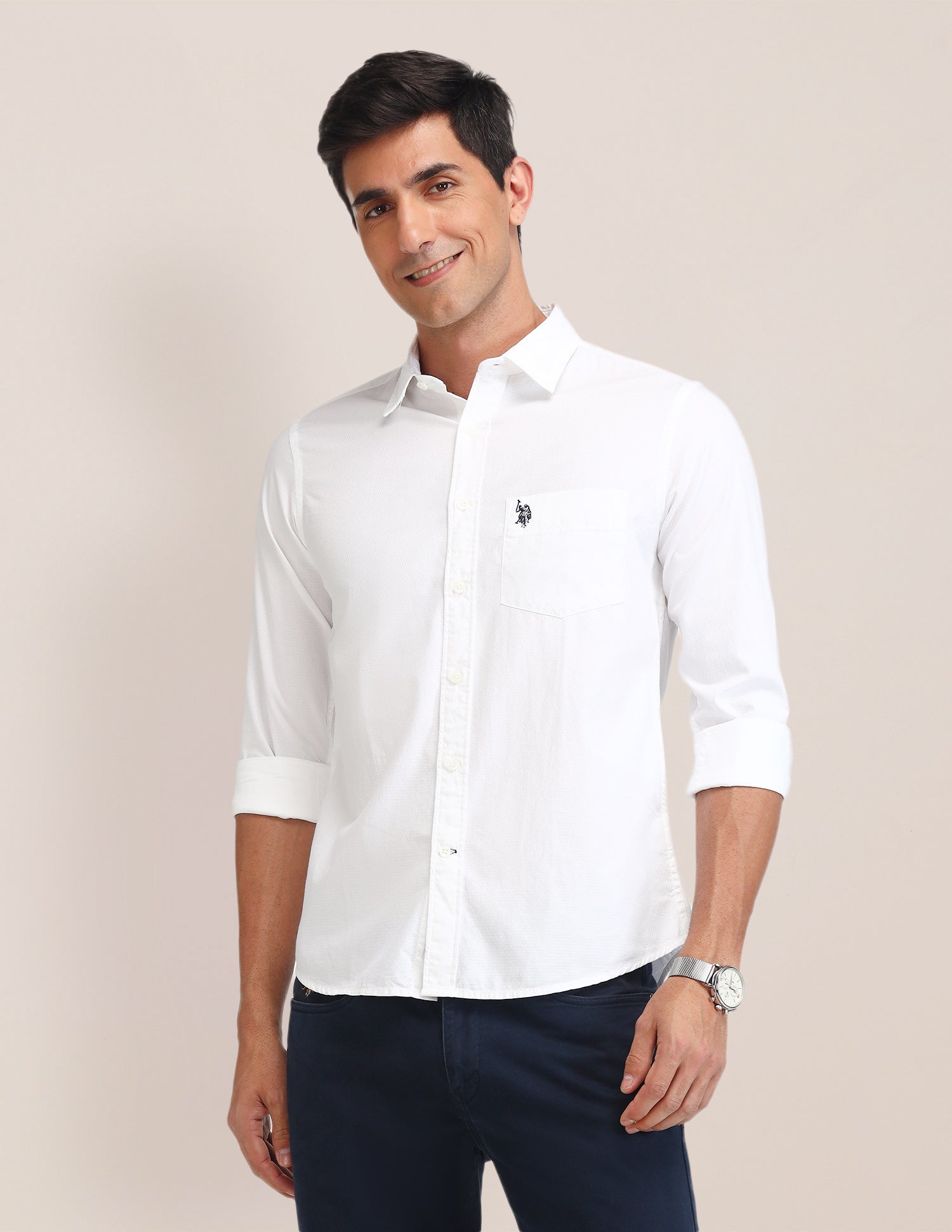 Textured Tailored Fit Shirt White - U.S. Polo Assn. India | Large