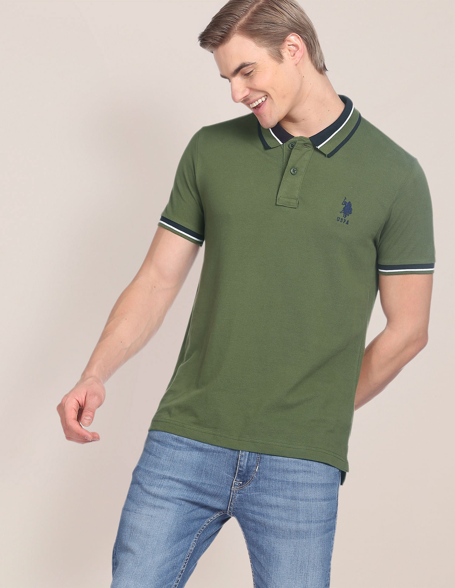 Striped Collar Slim Fit Polo Shirt Olive - U.S. Polo Assn. India | Large