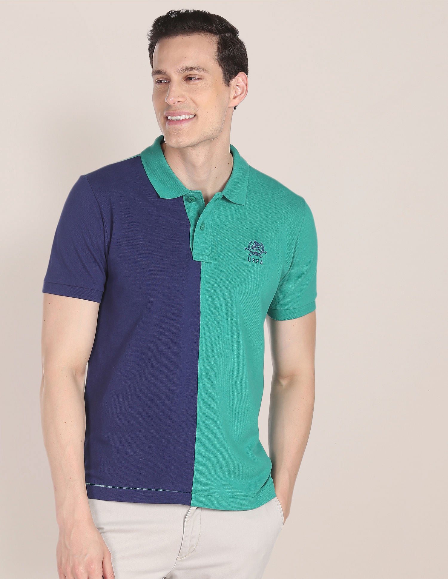 Colour Block Cotton Polo Shirt Green and Dark Blue - U.S. Polo Assn. India | Large