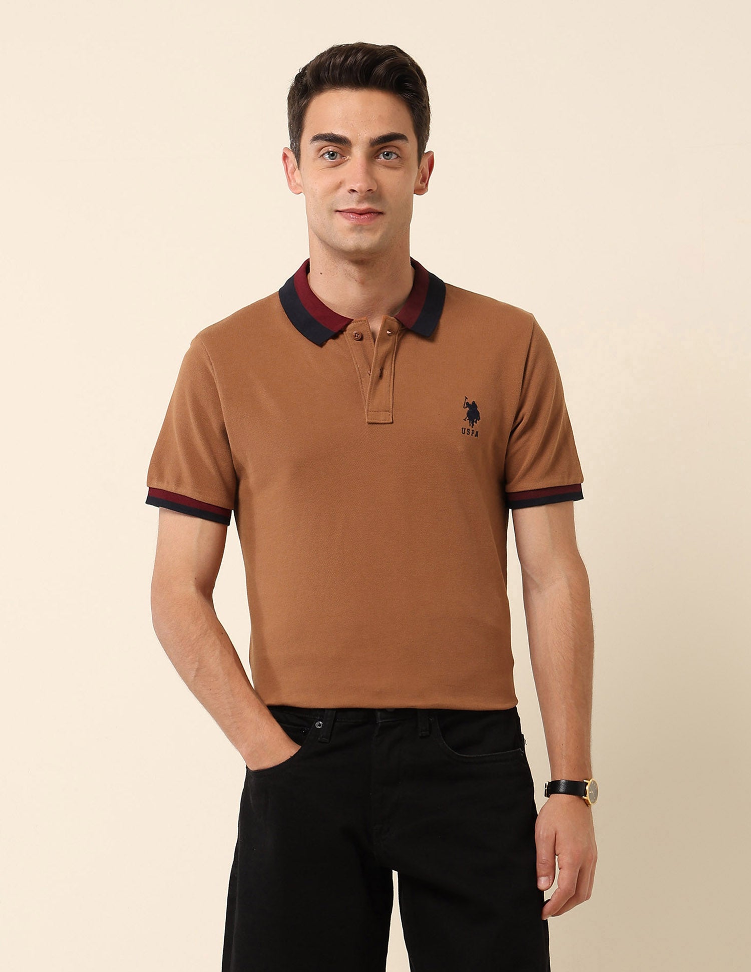Slim Fit Solid Polo Shirt Brown - U.S. Polo Assn. India | Large