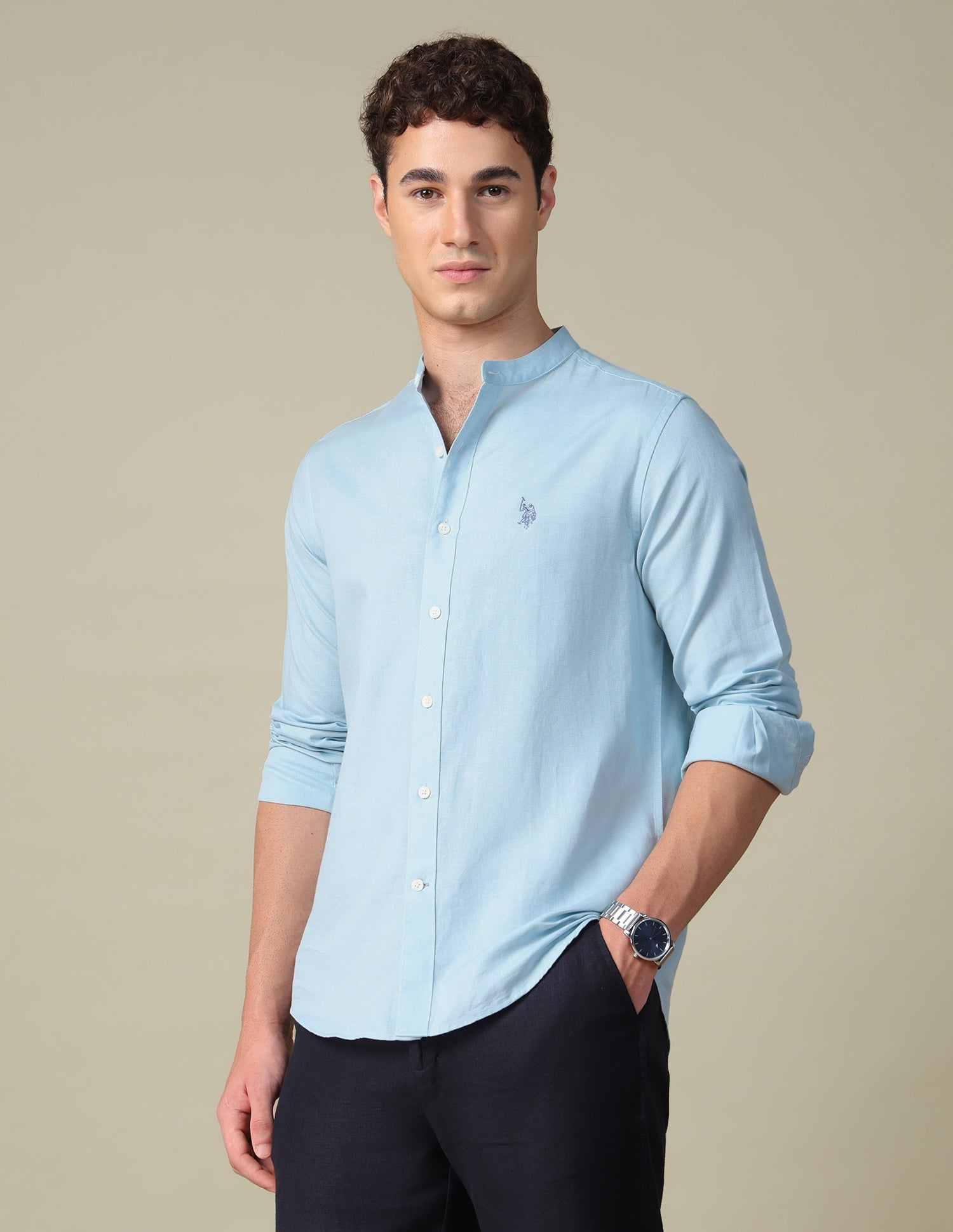 Tailored Fit Mandarin Shirt Light Blue - U.S. Polo Assn. India | Large
