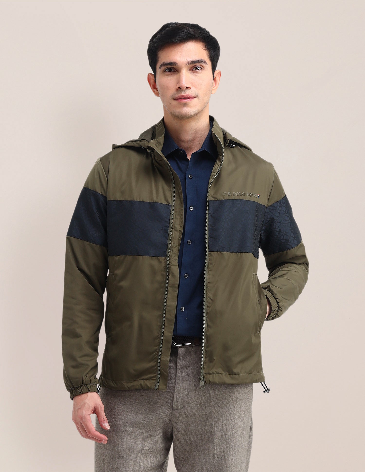 Brand Printed Regular Fit Jacket Olive - U.S. Polo Assn. India | Large