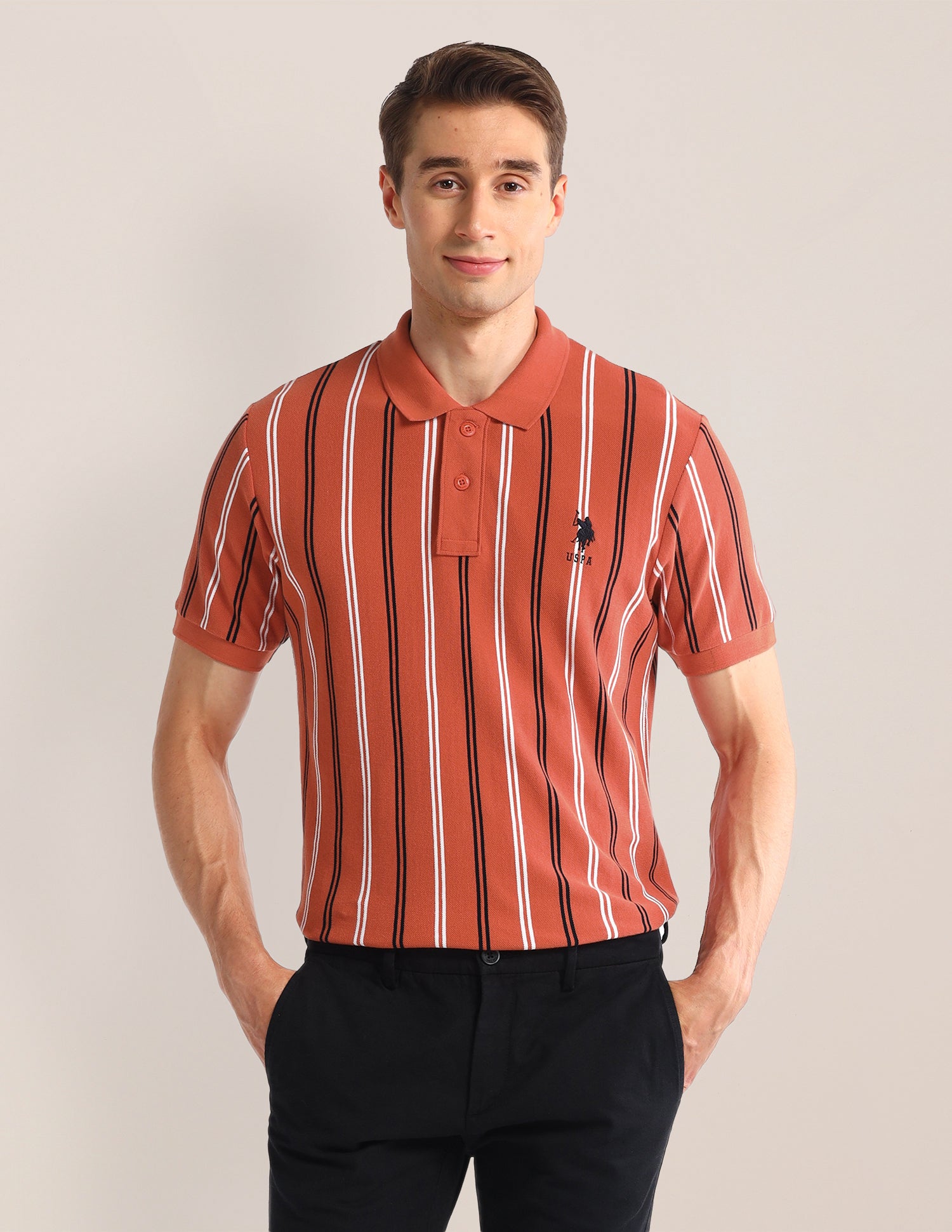 Vertical Striped Slim Fit Polo Shirt Rust - U.S. Polo Assn. India | Large