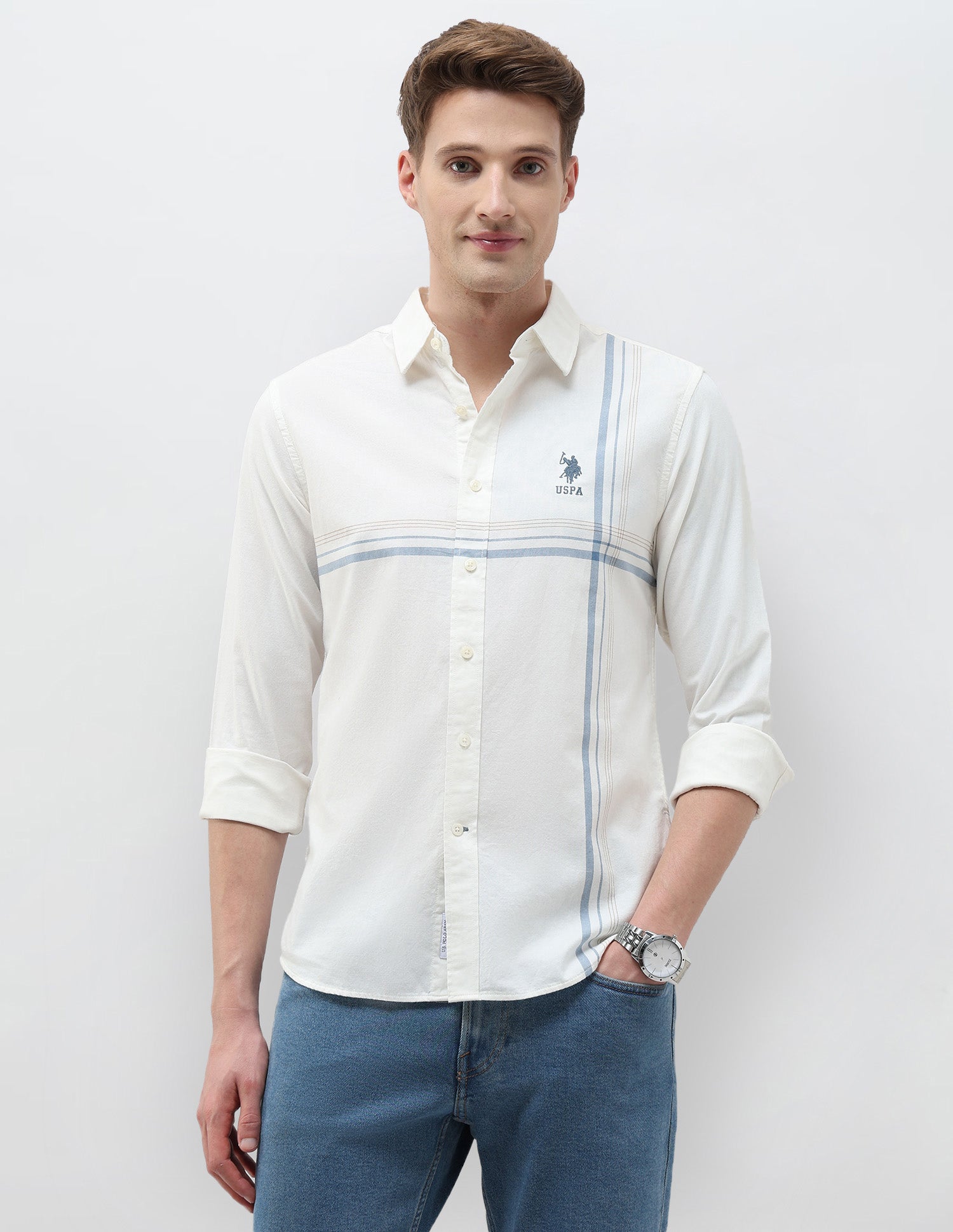 Tailored Fit Vertical Striped Shirt White - U.S. Polo Assn. India | Large