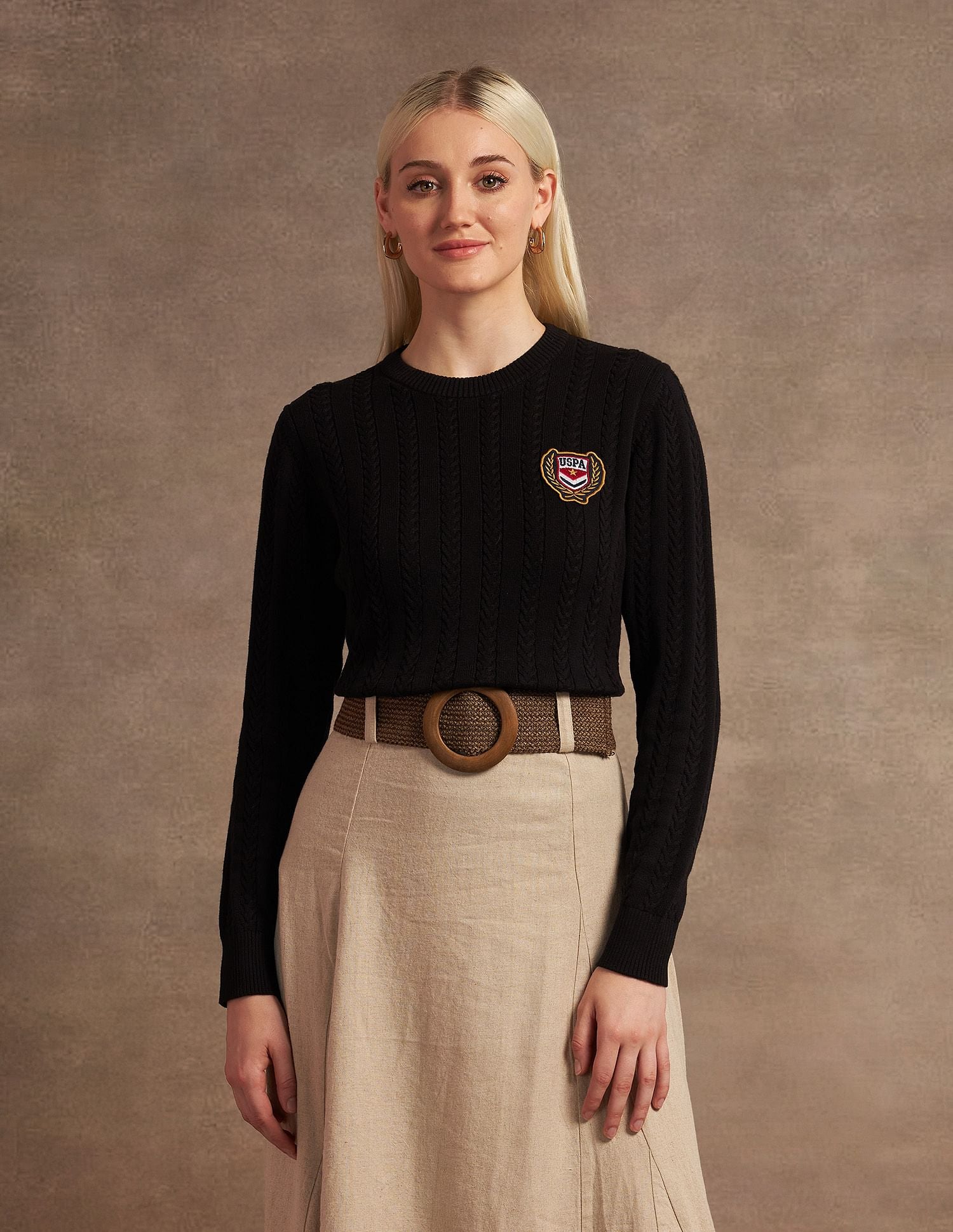 Crew Neck Cable Knit Sweater Black - U.S. Polo Assn. India | Large