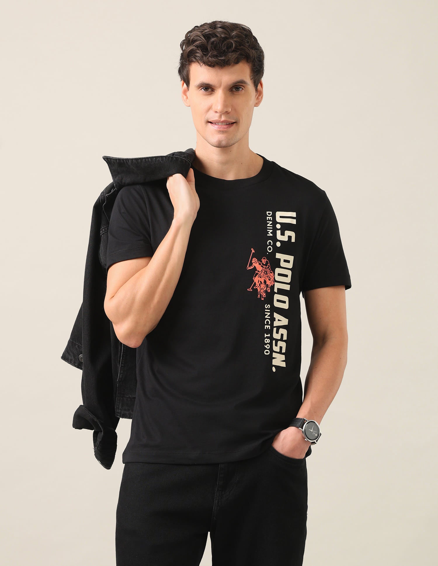 Typographic Brand Printed Regular Fit T-Shirt Black - U.S. Polo Assn. India | Large