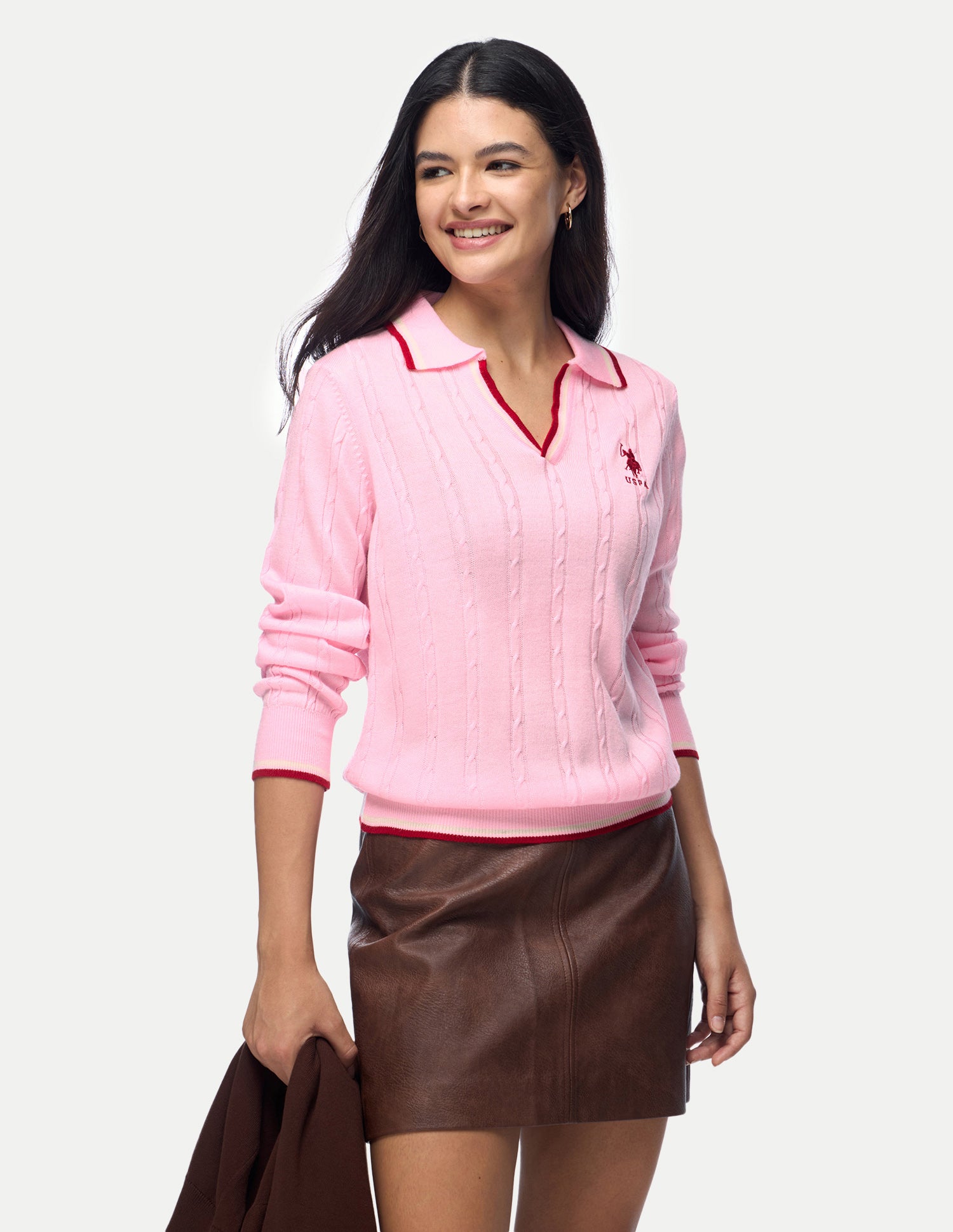Cable Patterned Knit Regular Fit Sweater Pink - U.S. Polo Assn. India | Large