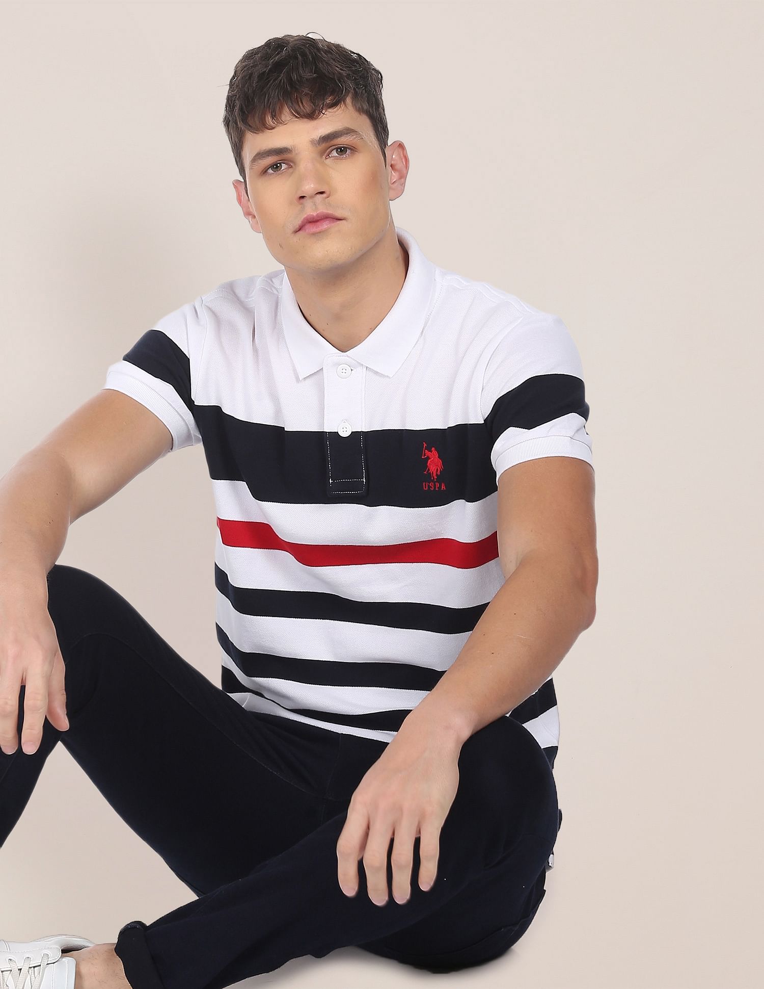 Men White Cotton Striped Polo Shirt White - U.S. Polo Assn. India | Large