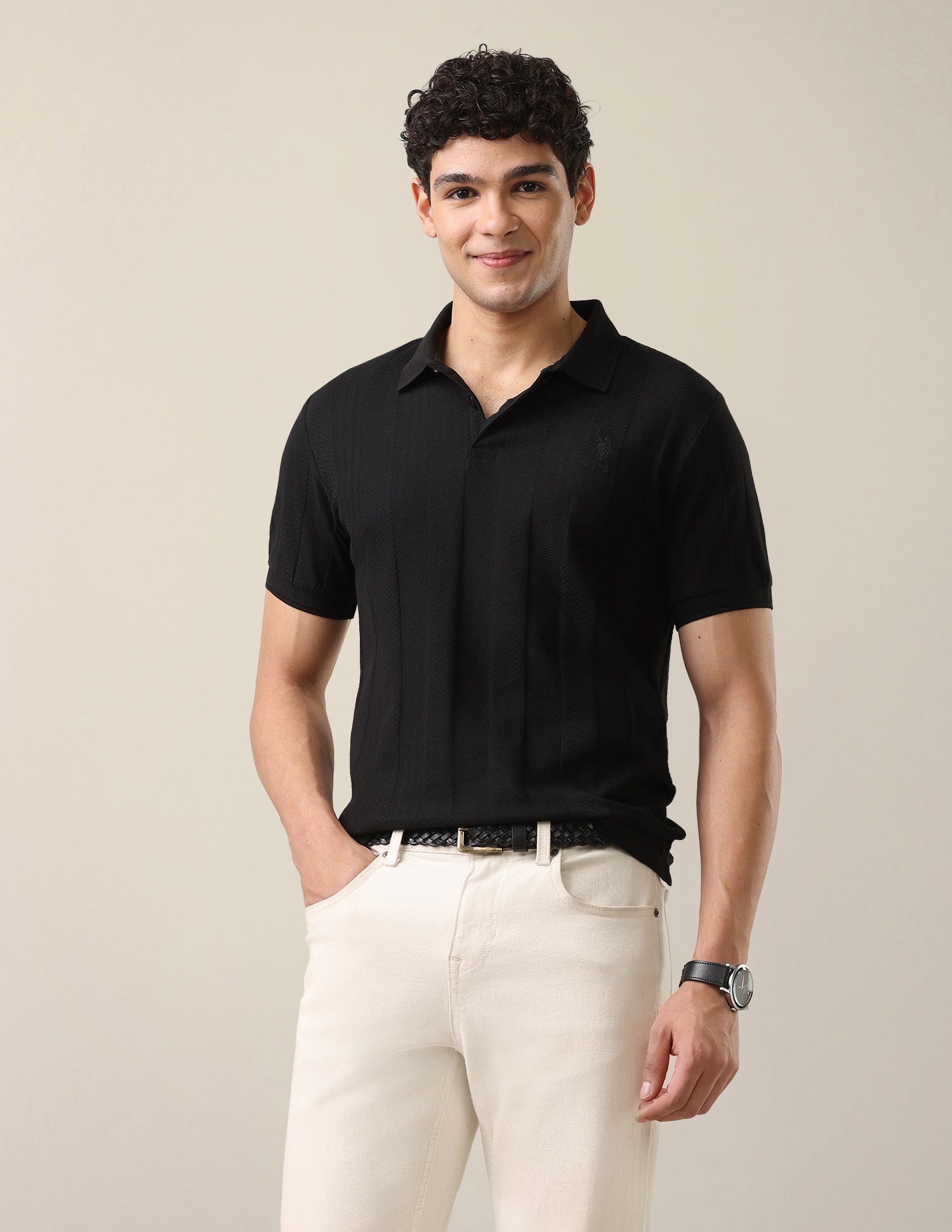 Self Design Vertical Striped Slim Fit Polo Shirt Black - U.S. Polo Assn. India | Large