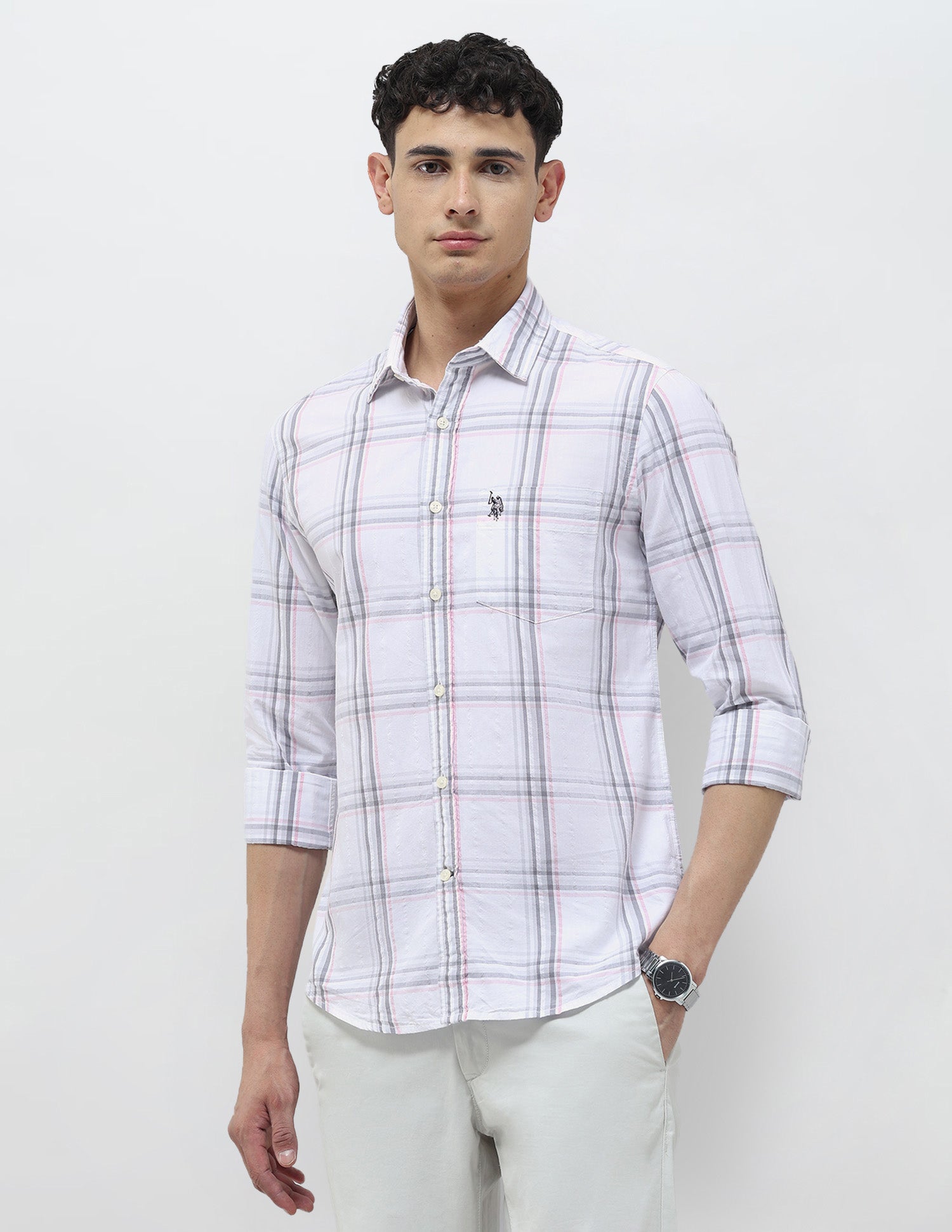 Seersucker Tailored Fit Shirt Light Grey - U.S. Polo Assn. India | Large