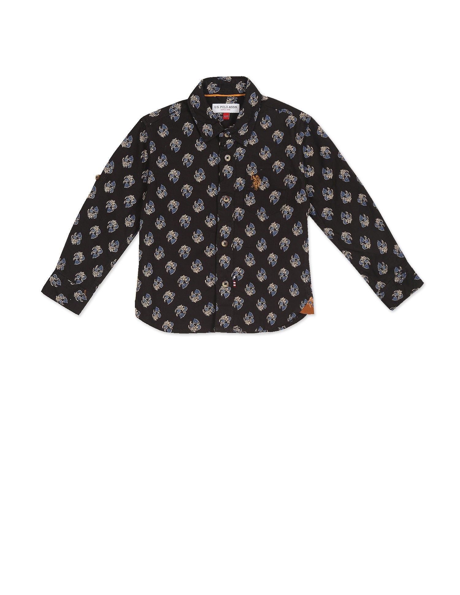 Boys Brown Spread Collar Printed Shirt Brown - U.S. Polo Assn. India | Large