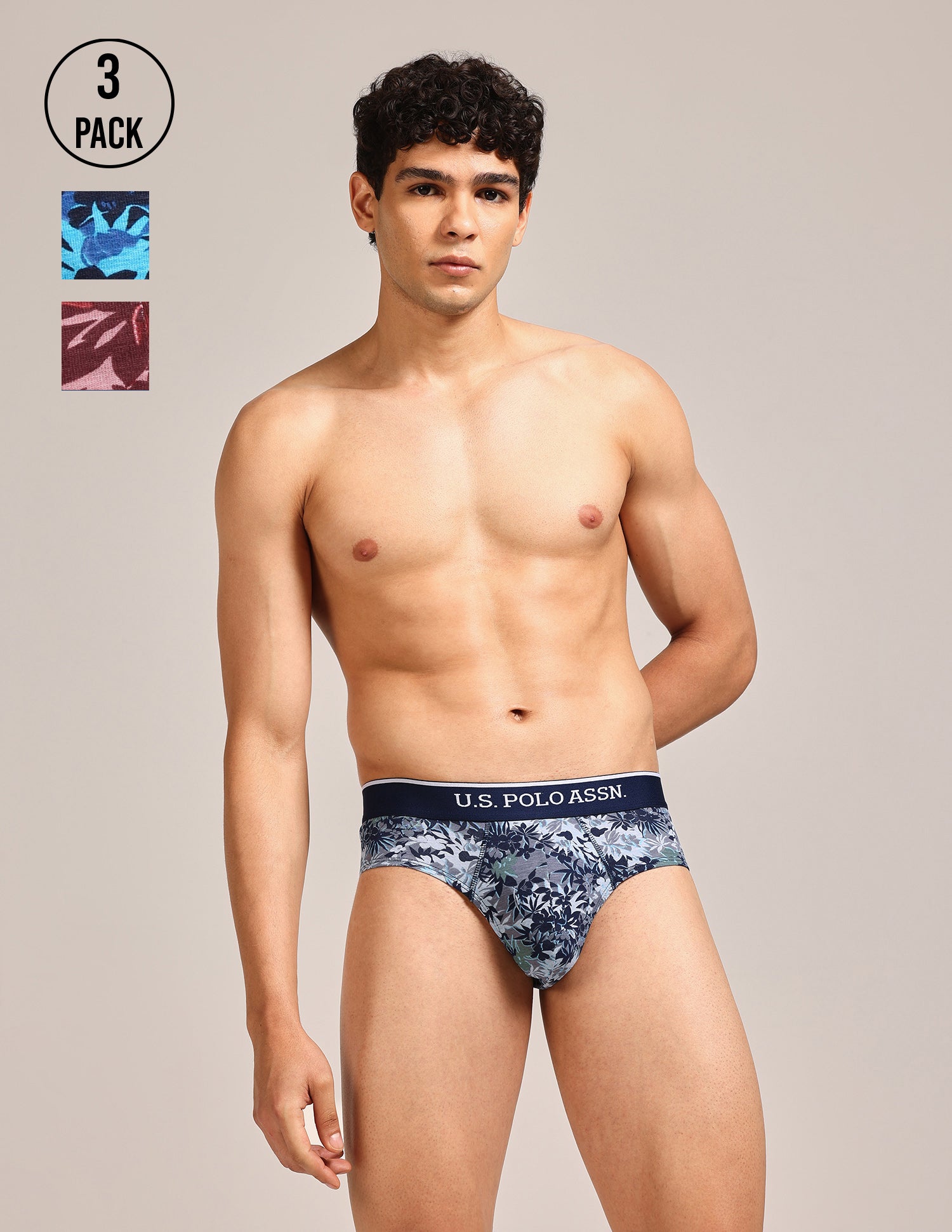 Abrasion Free Printed OEB24 Briefs - Pack Of 3 Blue, Red, Grey - U.S. Polo Assn. India | Large