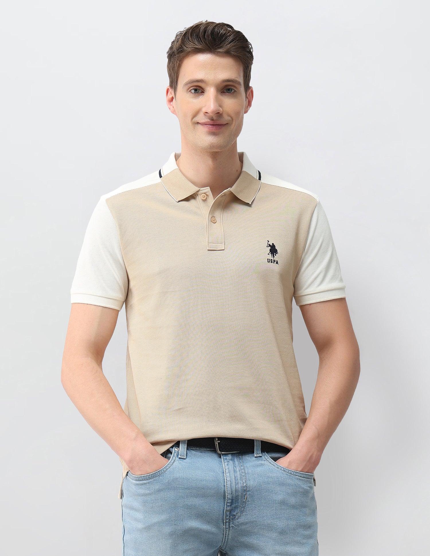 Colourblocked Slim Fit Polo Shirt Beige - U.S. Polo Assn. India | Large