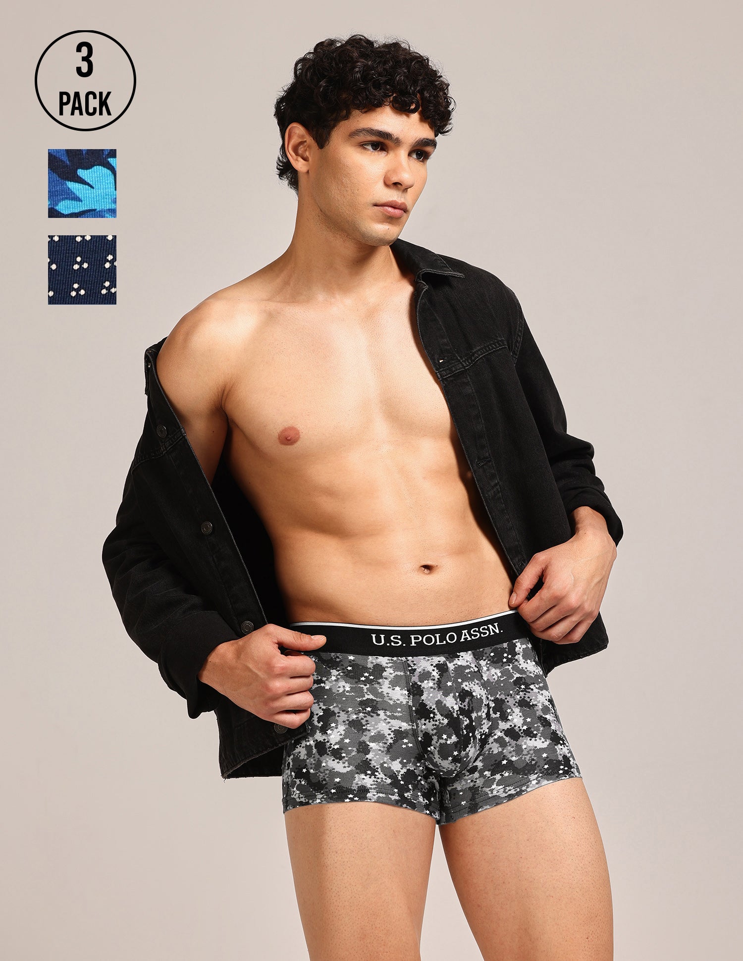 Mid Rise Printed OET24 Trunks - Pack Of 3 Blue, Navy, Blue - U.S. Polo Assn. India | Large