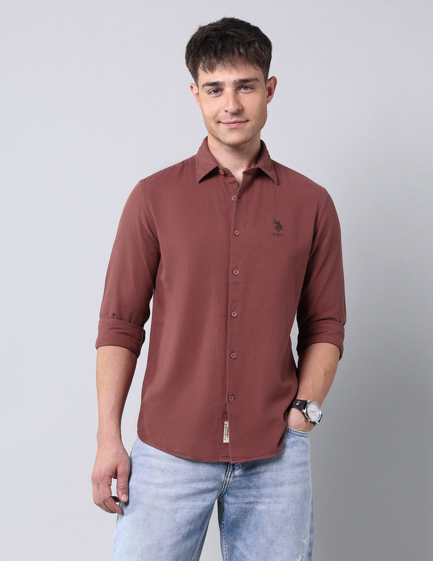 Solid Pure Cotton Dobby Shirt Rust - U.S. Polo Assn. India | Large