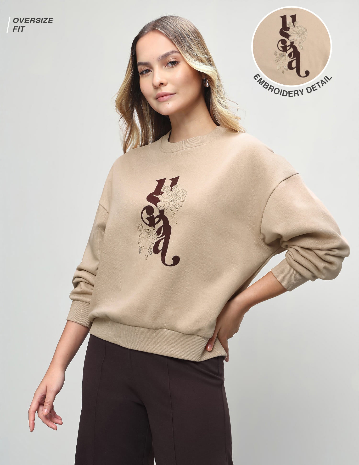 Brand Floral Embellished Oversized Fit Sweatshirt Beige - U.S. Polo Assn. India | Large
