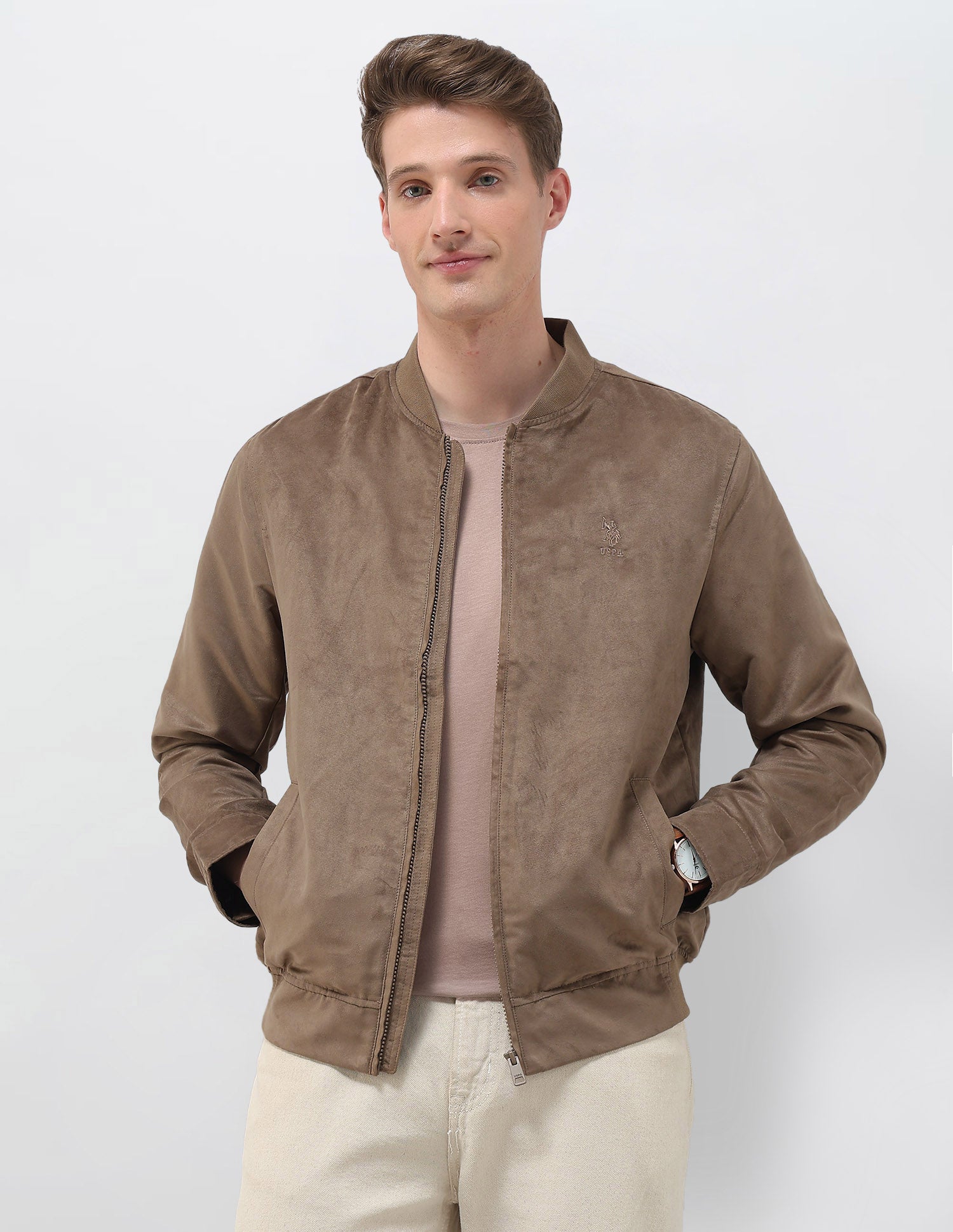 Solid Regular Fit Bomber Jacket Light Brown - U.S. Polo Assn. India | Large