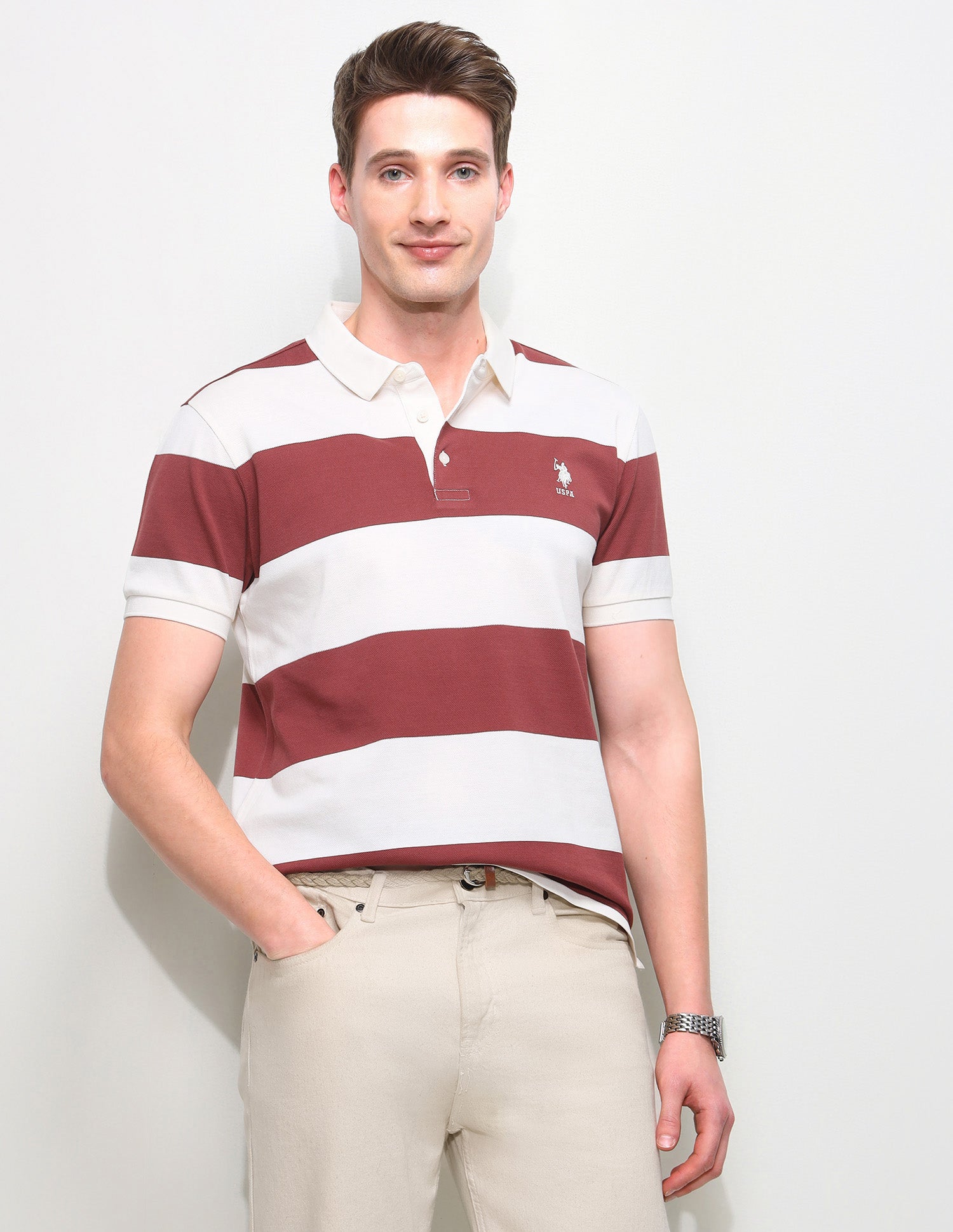 Horizontal Striped Slim Fit Polo Shirt Dark Pink - U.S. Polo Assn. India | Large