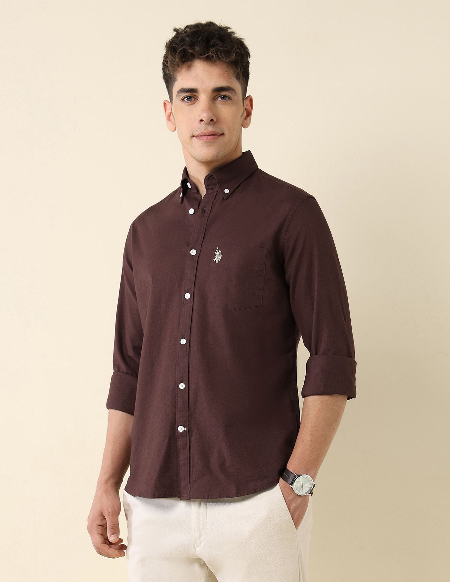 Oxford Stretch Button Down Shirt Brown - U.S. Polo Assn. India | Large