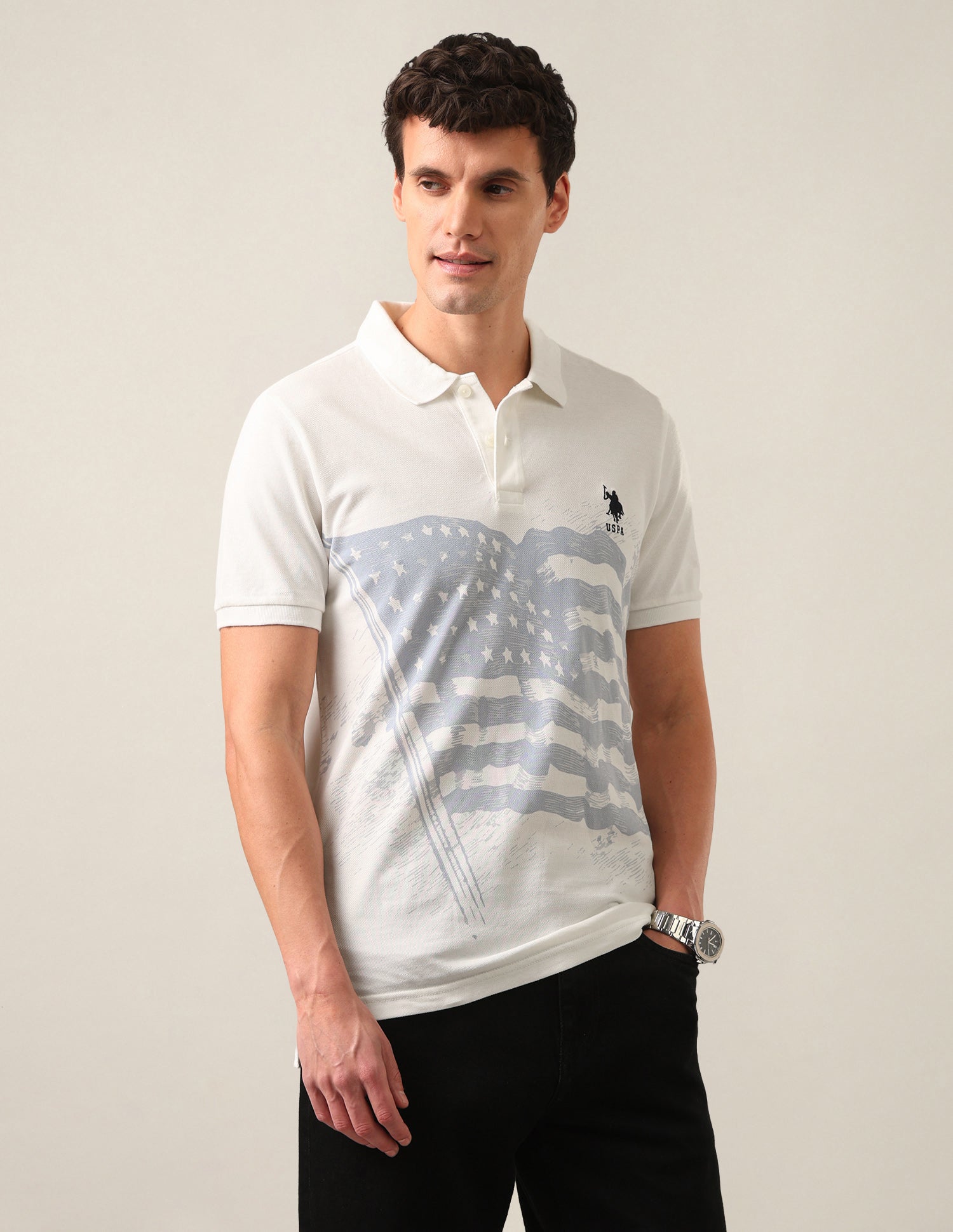 Graphic Printed Slim Fit Polo Shirt Ivory - U.S. Polo Assn. India | Large