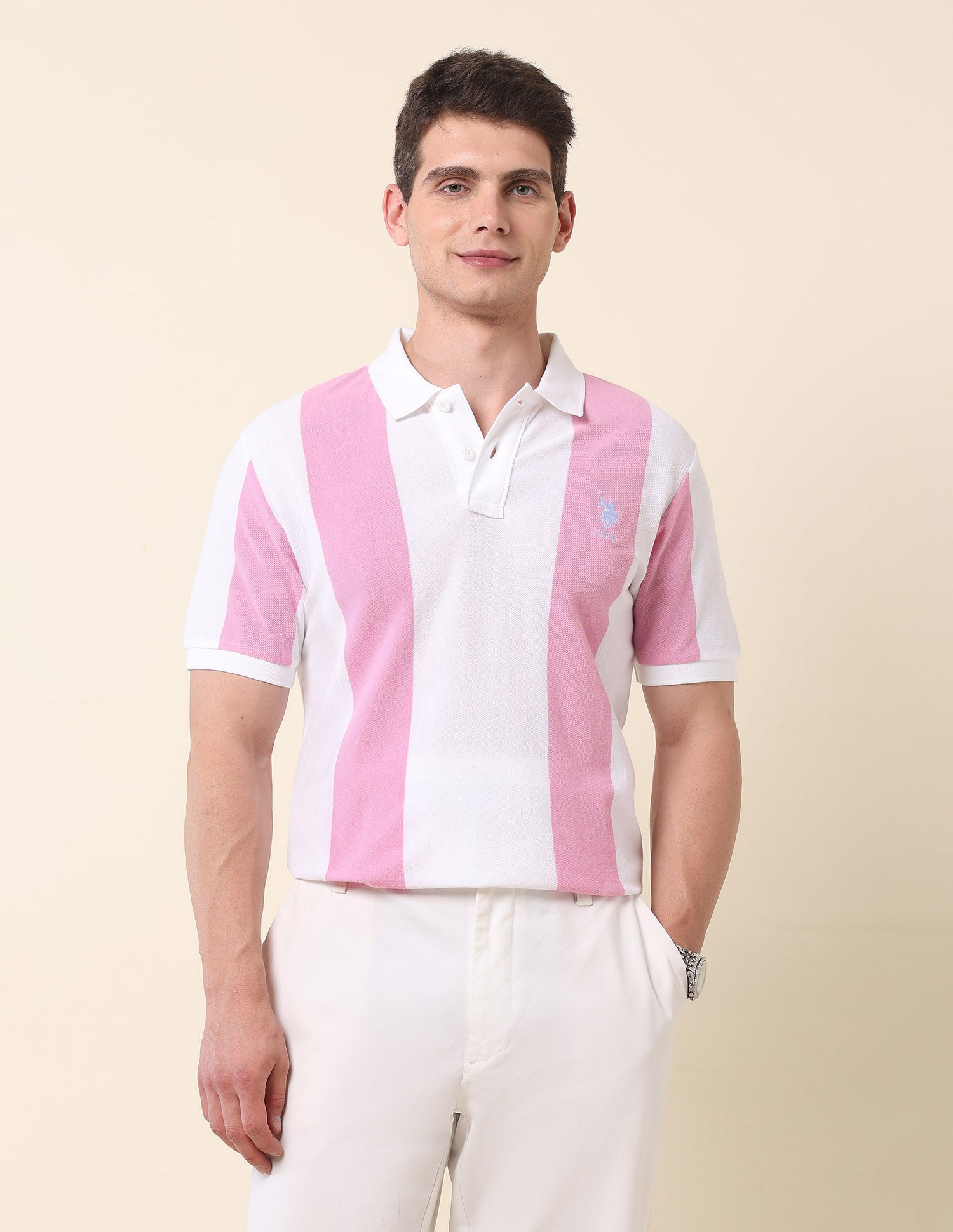 Vertical Striped Summer Splash Polo Shirt Pink - U.S. Polo Assn. India | Large