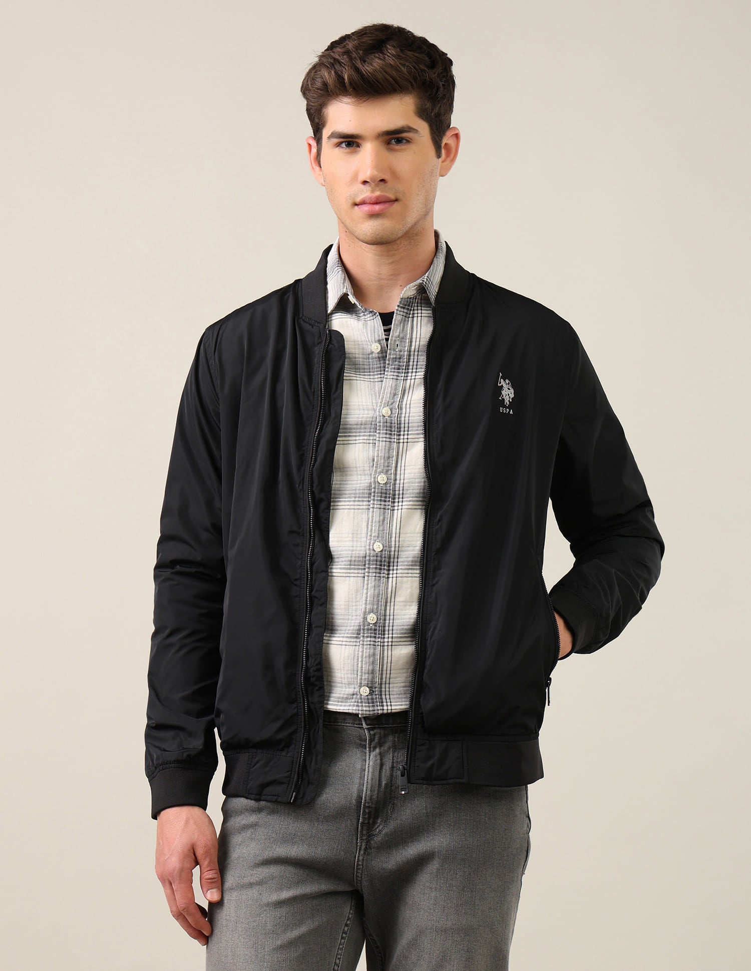 Men Black Solid Stand Collar Bomber Jacket Black - U.S. Polo Assn. India | Large